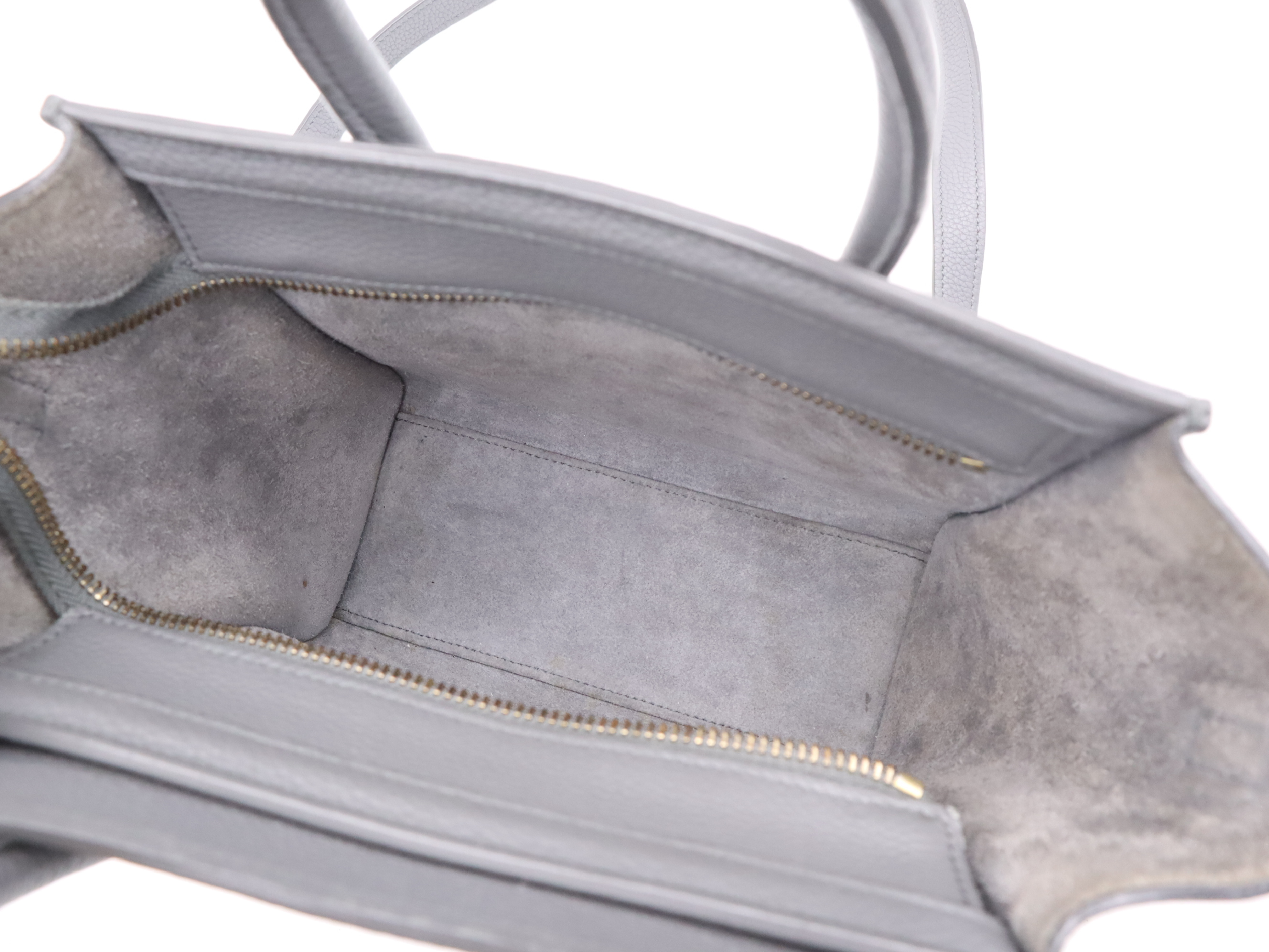 Leather Luggage Nano Handbag, Grey, Gold Hardware, with Shoulder Strap and Dust Bag — view 10