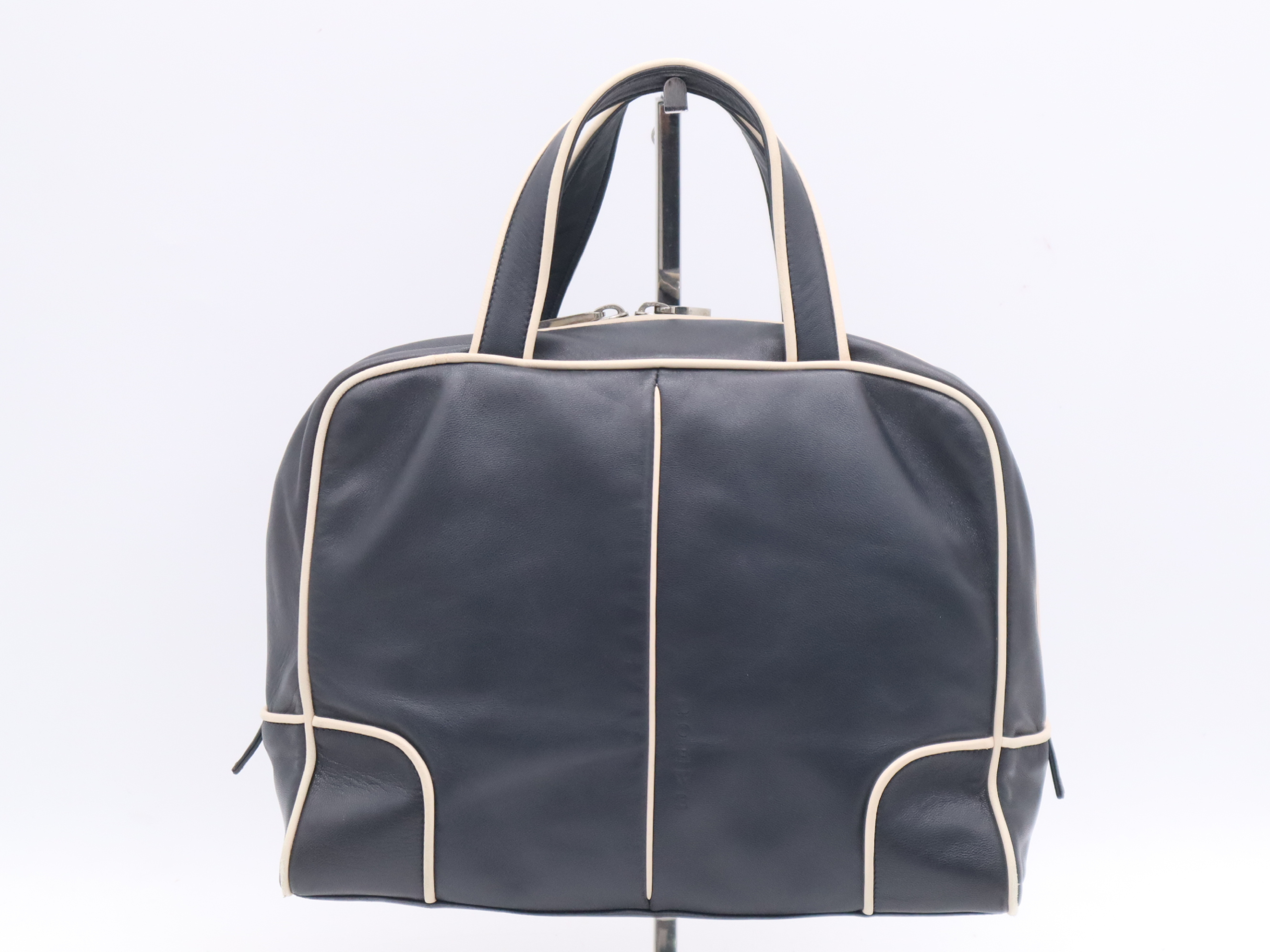 Leather Handbag, Black and White, Silver Hardware