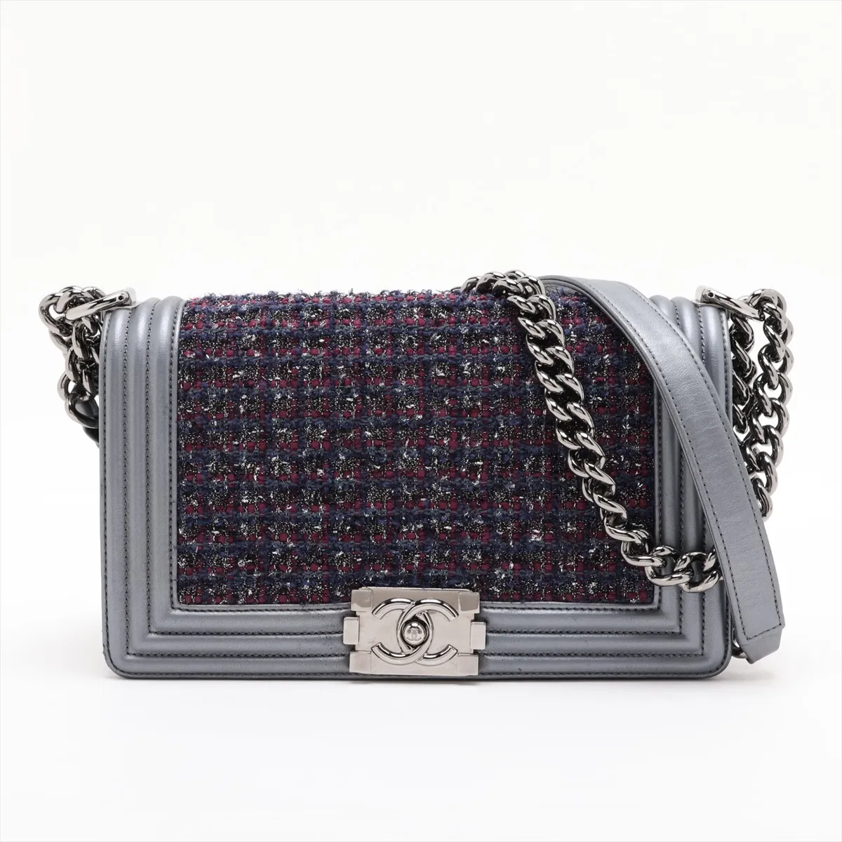 Boy Chanel 25 Tweed x Lambskin Chain Shoulder Bag, Silver, Silver Hardware, 20172165, Serial Number in the 20s, A67086