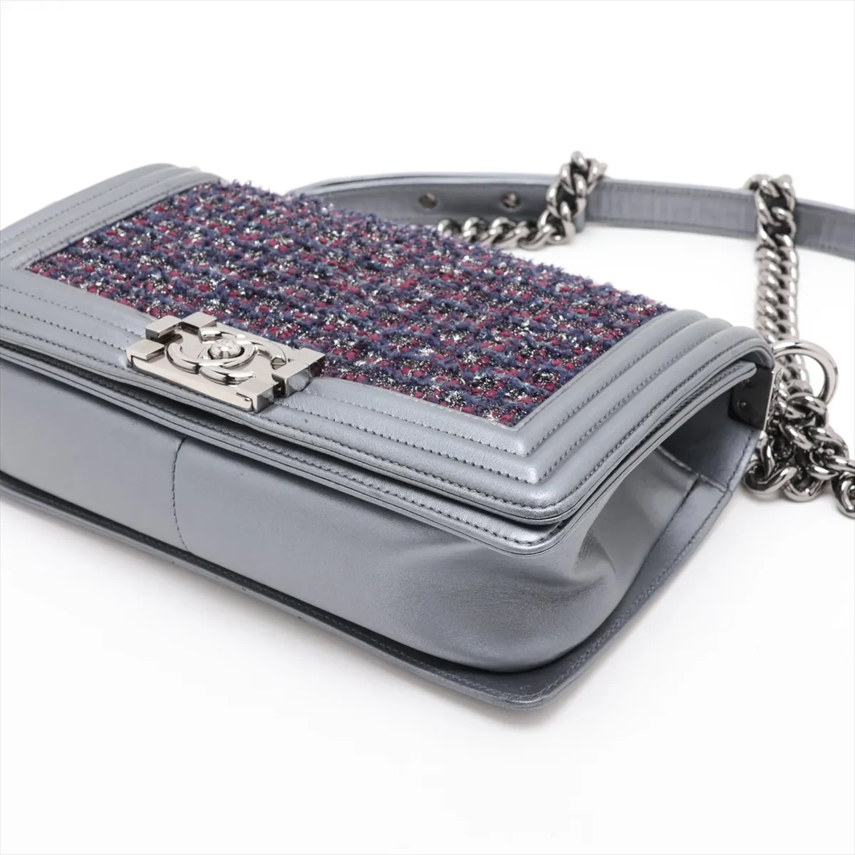 Boy Chanel 25 Tweed x Lambskin Chain Shoulder Bag, Silver, Silver Hardware, 20172165, Serial Number in the 20s, A67086 — view 3