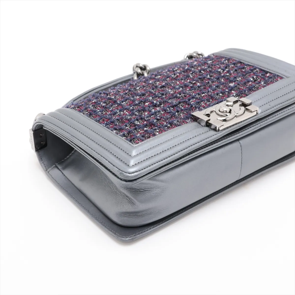 Boy Chanel 25 Tweed x Lambskin Chain Shoulder Bag, Silver, Silver Hardware, 20172165, Serial Number in the 20s, A67086 — view 4