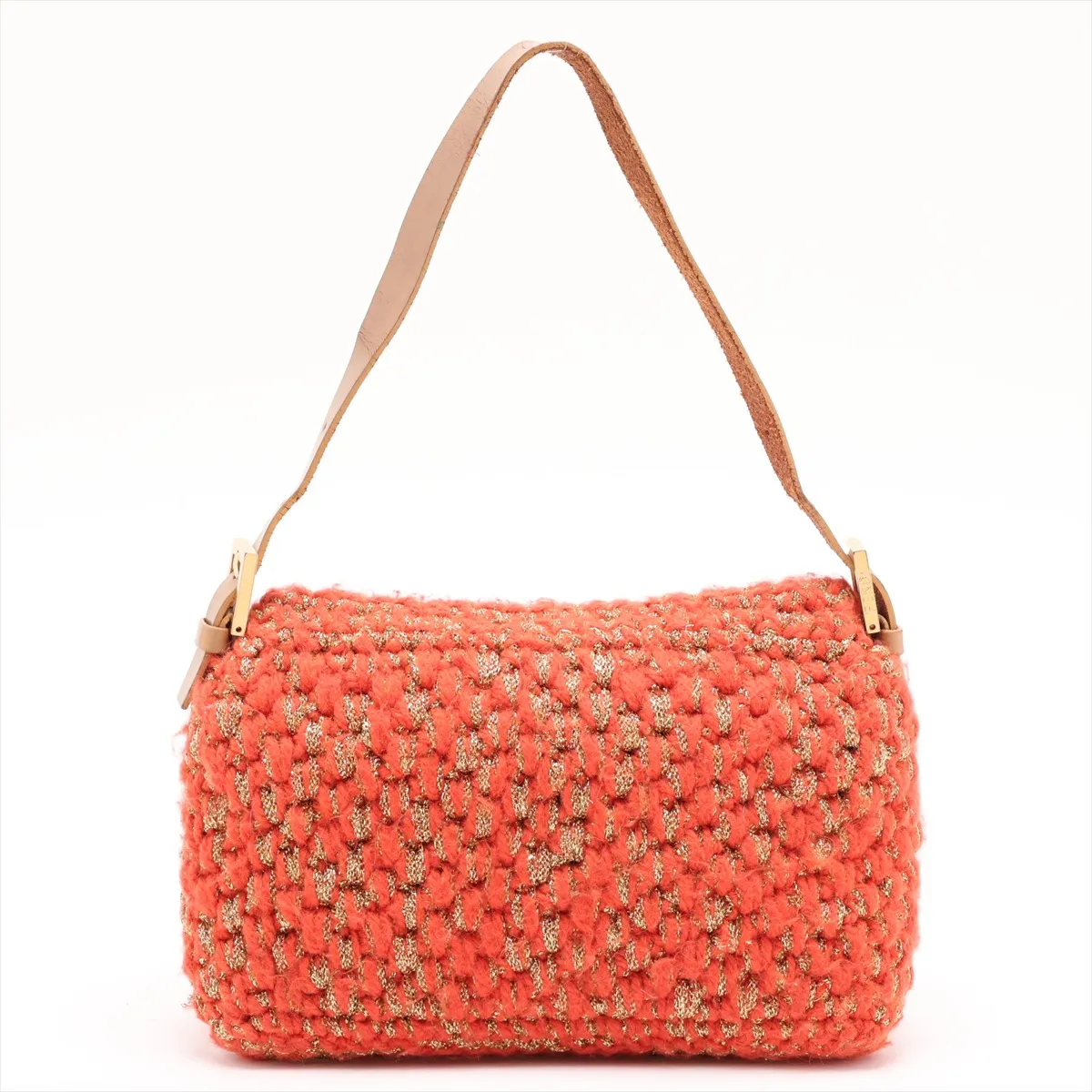 Mamma Bucket Knit x Leather Shoulder Bag, Orange — view 2