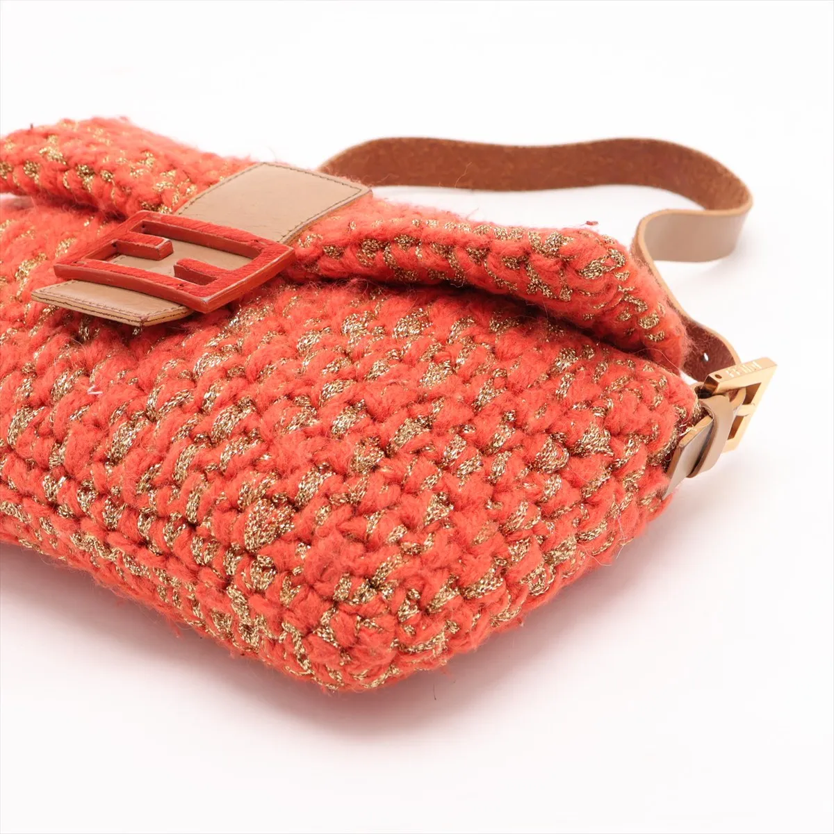 Mamma Bucket Knit x Leather Shoulder Bag, Orange — view 3