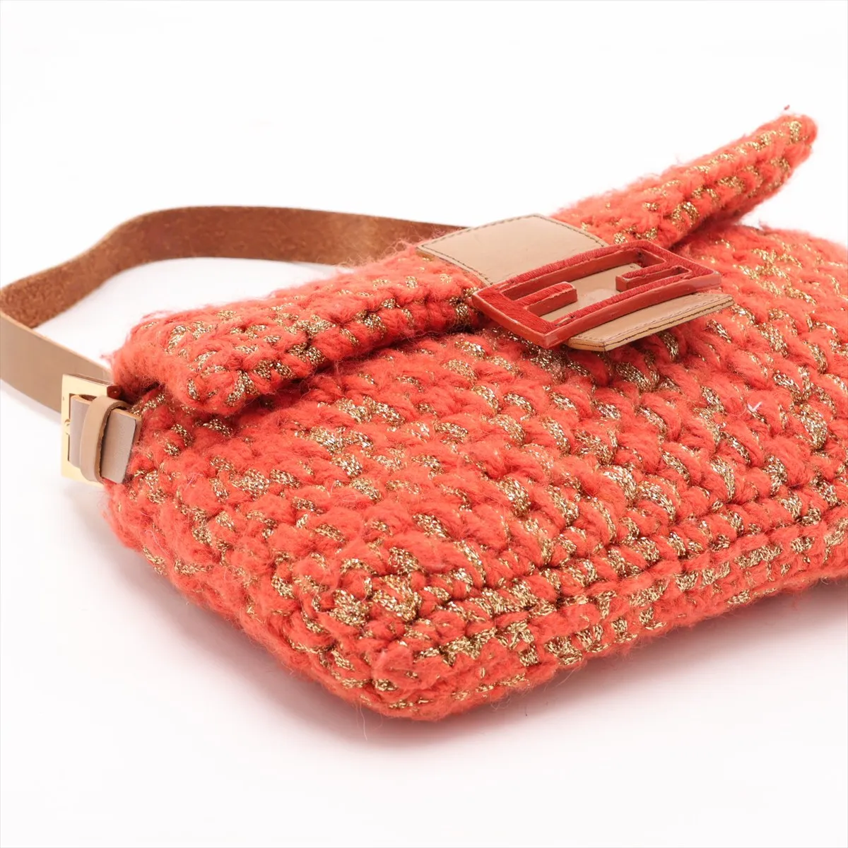 Mamma Bucket Knit x Leather Shoulder Bag, Orange — view 4