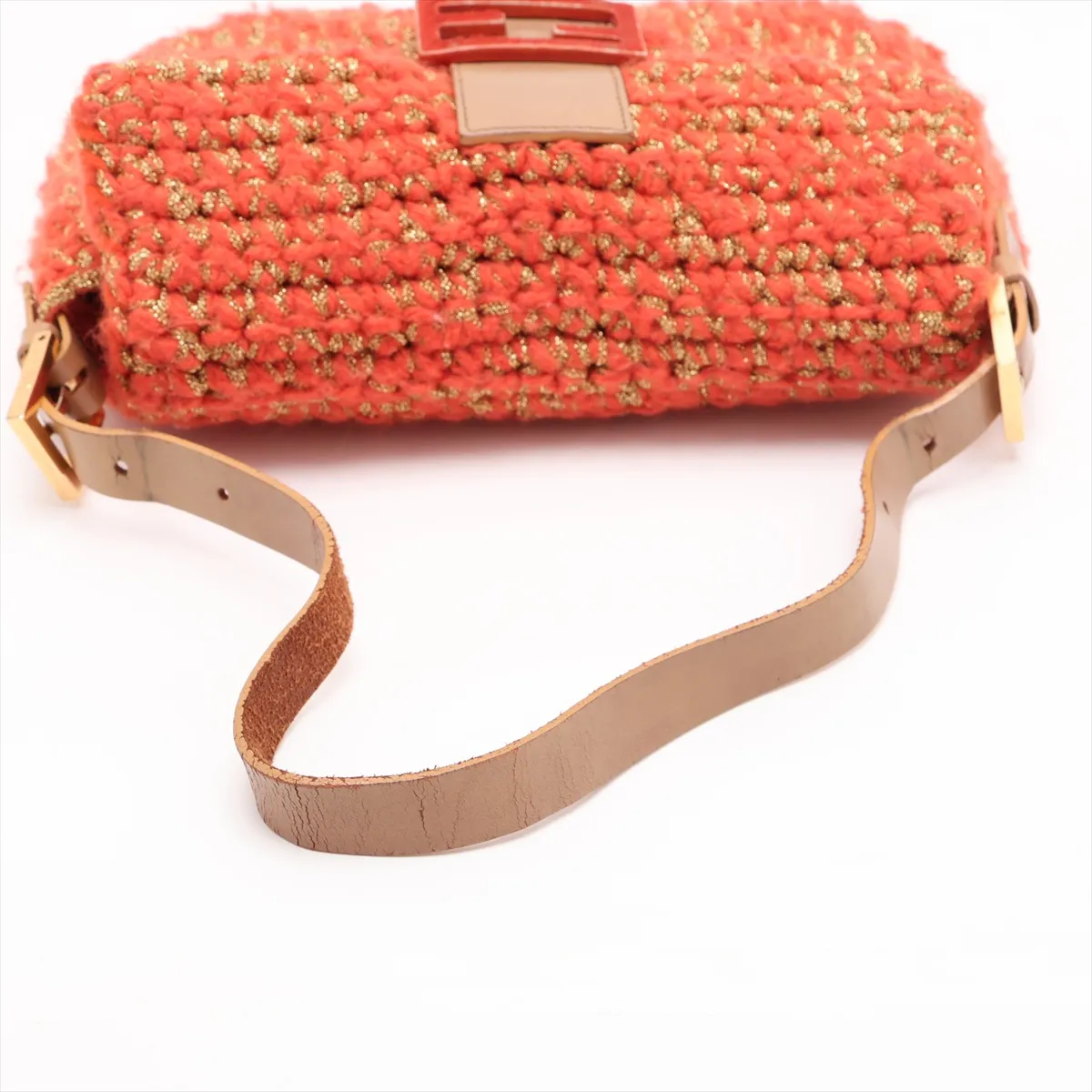 Mamma Bucket Knit x Leather Shoulder Bag, Orange — view 5