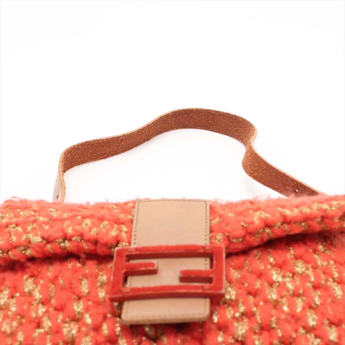 Mamma Bucket Knit x Leather Shoulder Bag, Orange — view 6