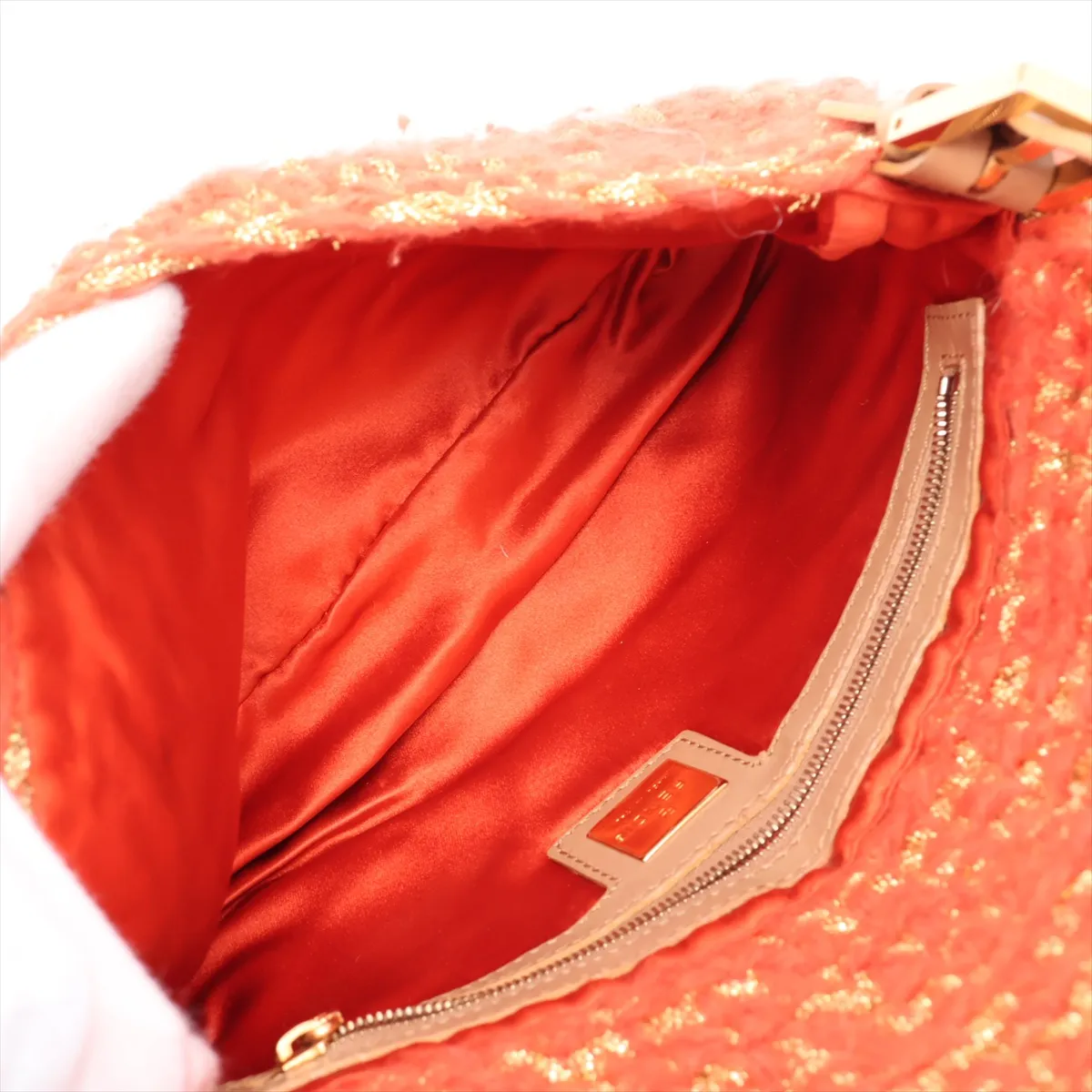 Mamma Bucket Knit x Leather Shoulder Bag, Orange — view 7