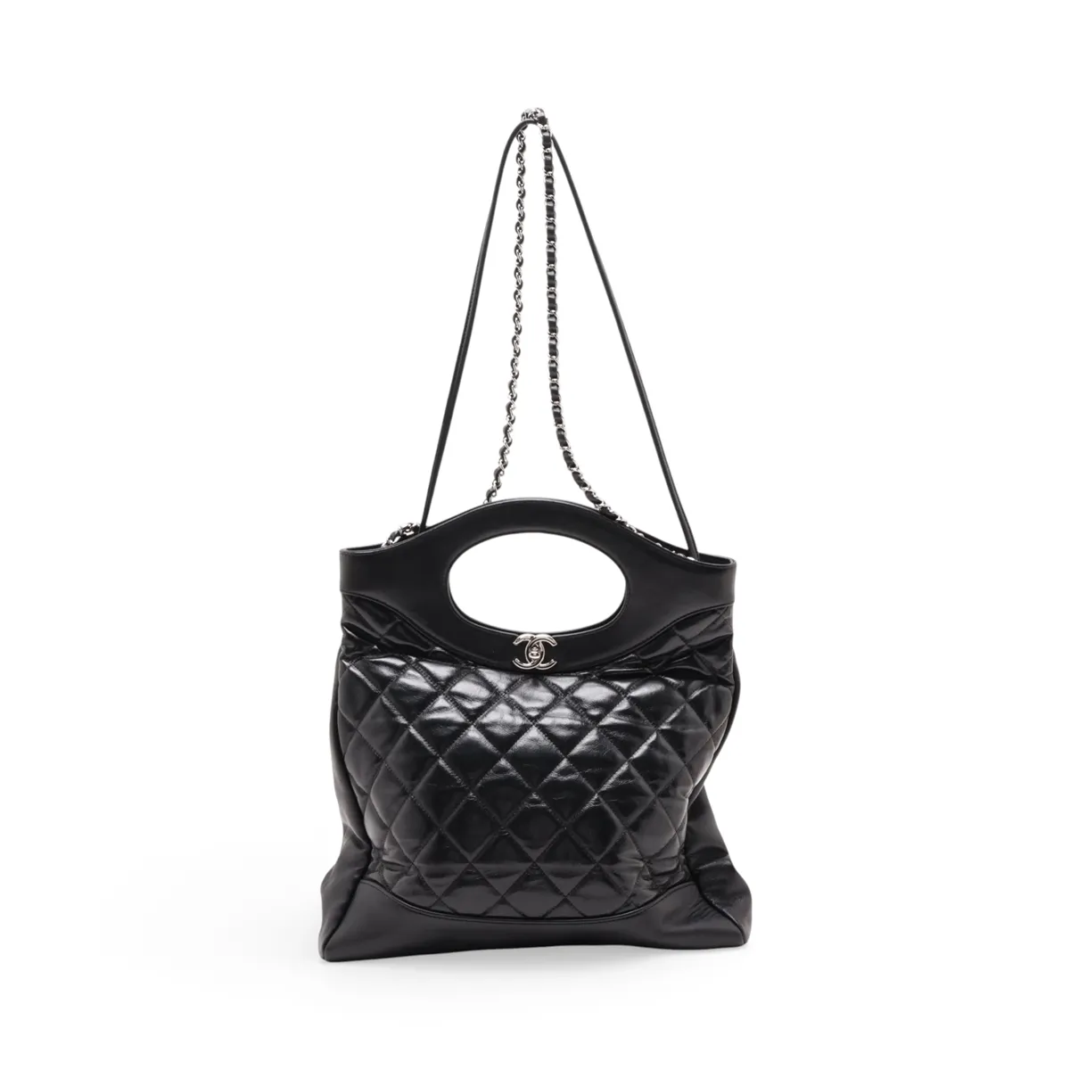 31 Small Shiny Calfskin 2-Way Handbag, Black with Silver Hardware, Item Number 28229201 (Serial Number 28)