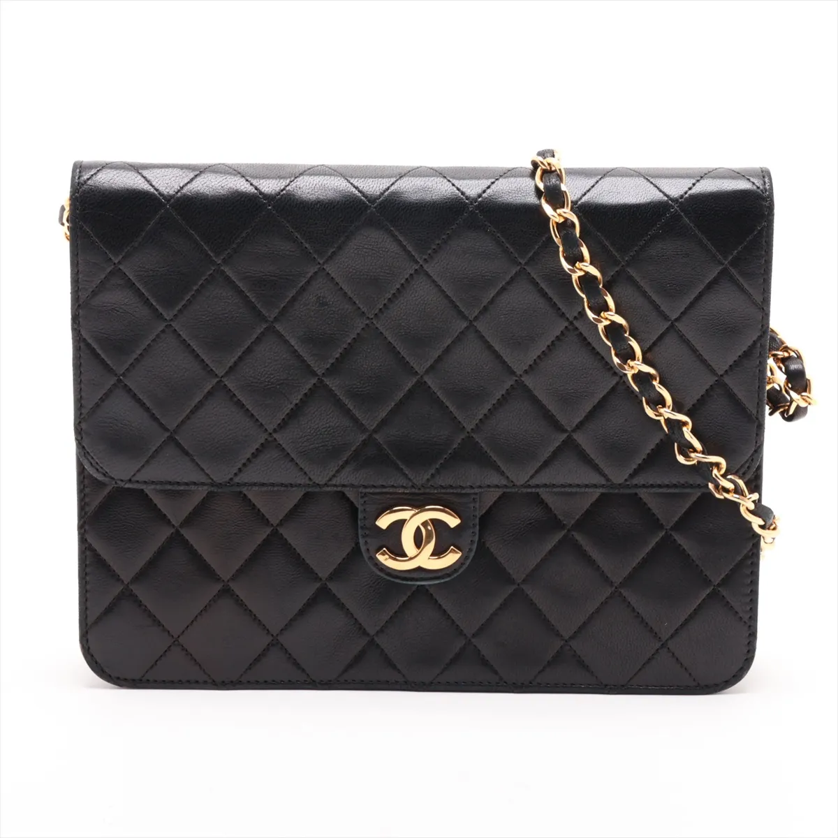 Matelassé Lambskin Chain Shoulder Bag, Black with Gold Hardware