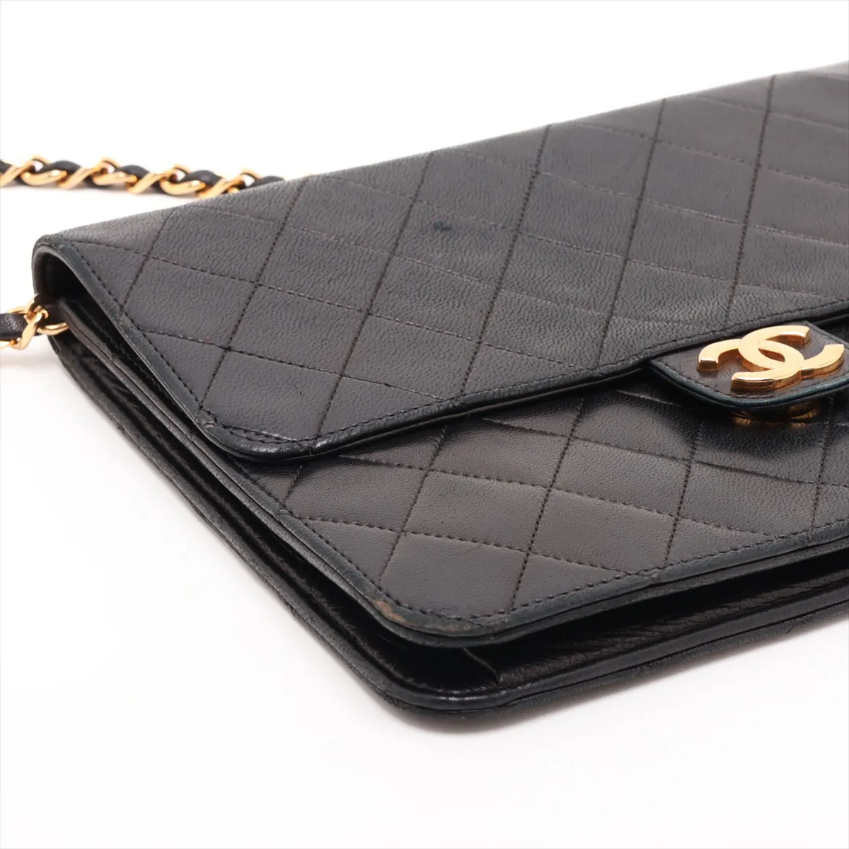 Matelassé Lambskin Chain Shoulder Bag, Black with Gold Hardware — view 4