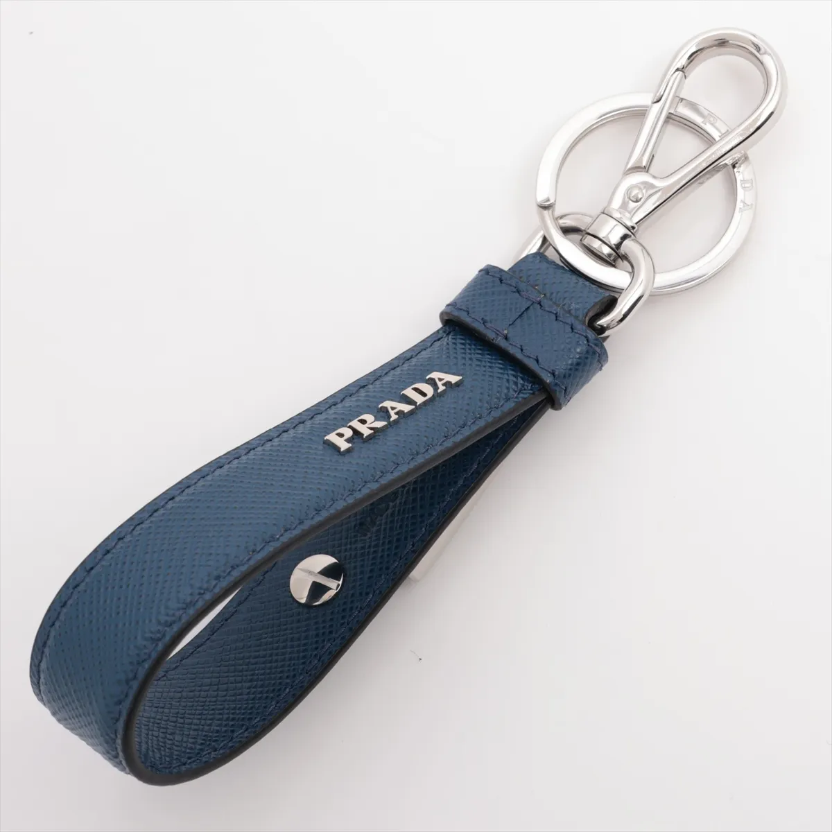2PP68T Saffiano Keyring, Metal x Leather, Navy. Shows signs of wear, — view 2