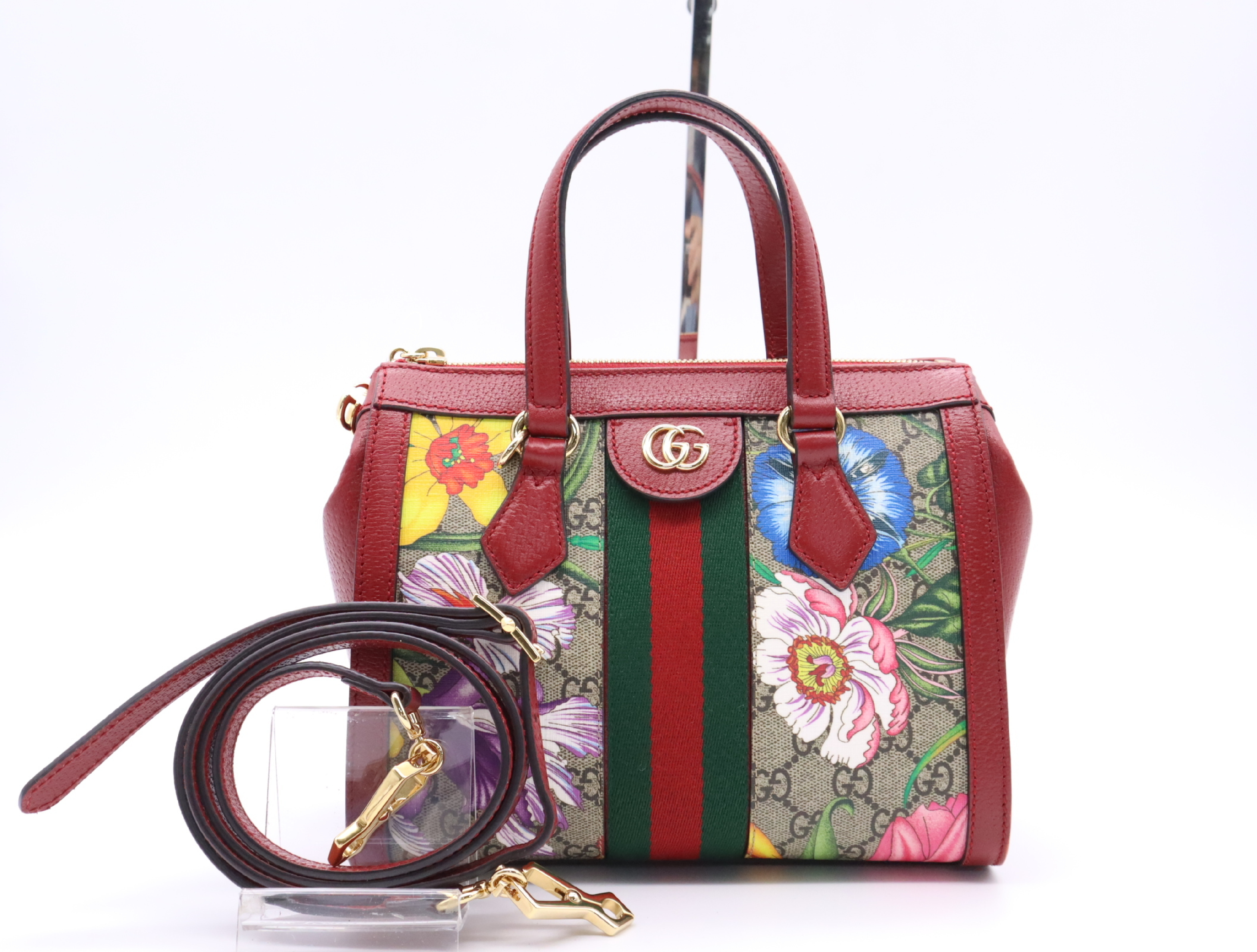 547551 GG Flora Ophidia Small 2-Way Tote Bag, Beige/Red, with Shoulder Strap.