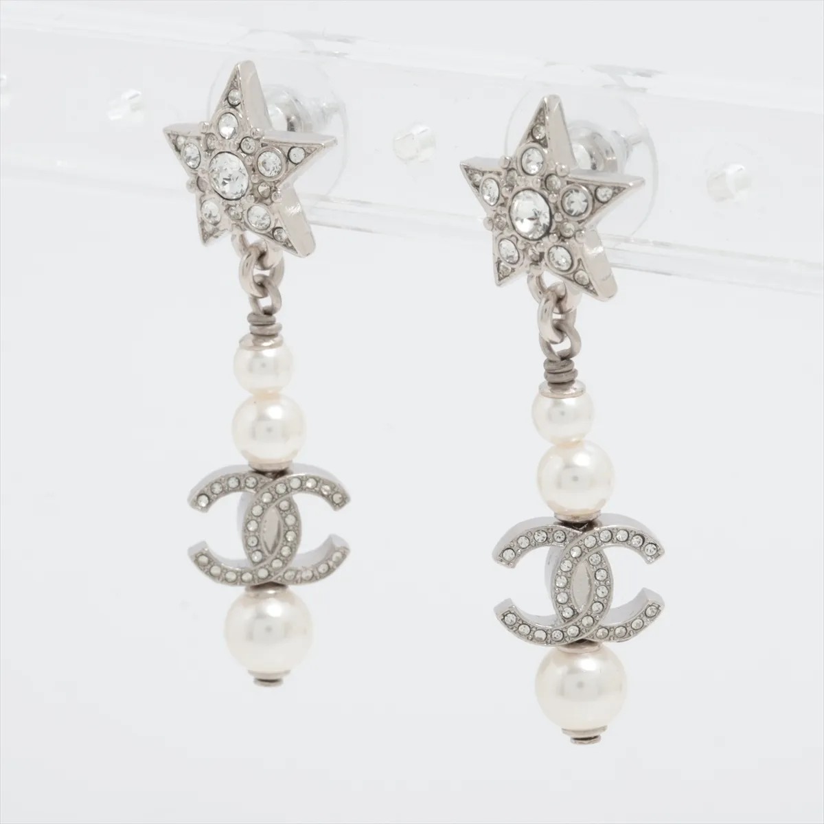 Coco Mark Star B20P Earrings (Pair) GP x Rhinestone x Faux Pearl Silver. — view 3