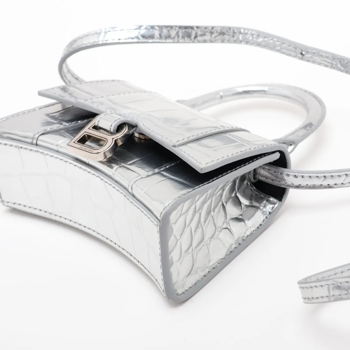 Mini Hourglass Crocodile Embossed 2-Way Handbag, Silver 637372 — view 3
