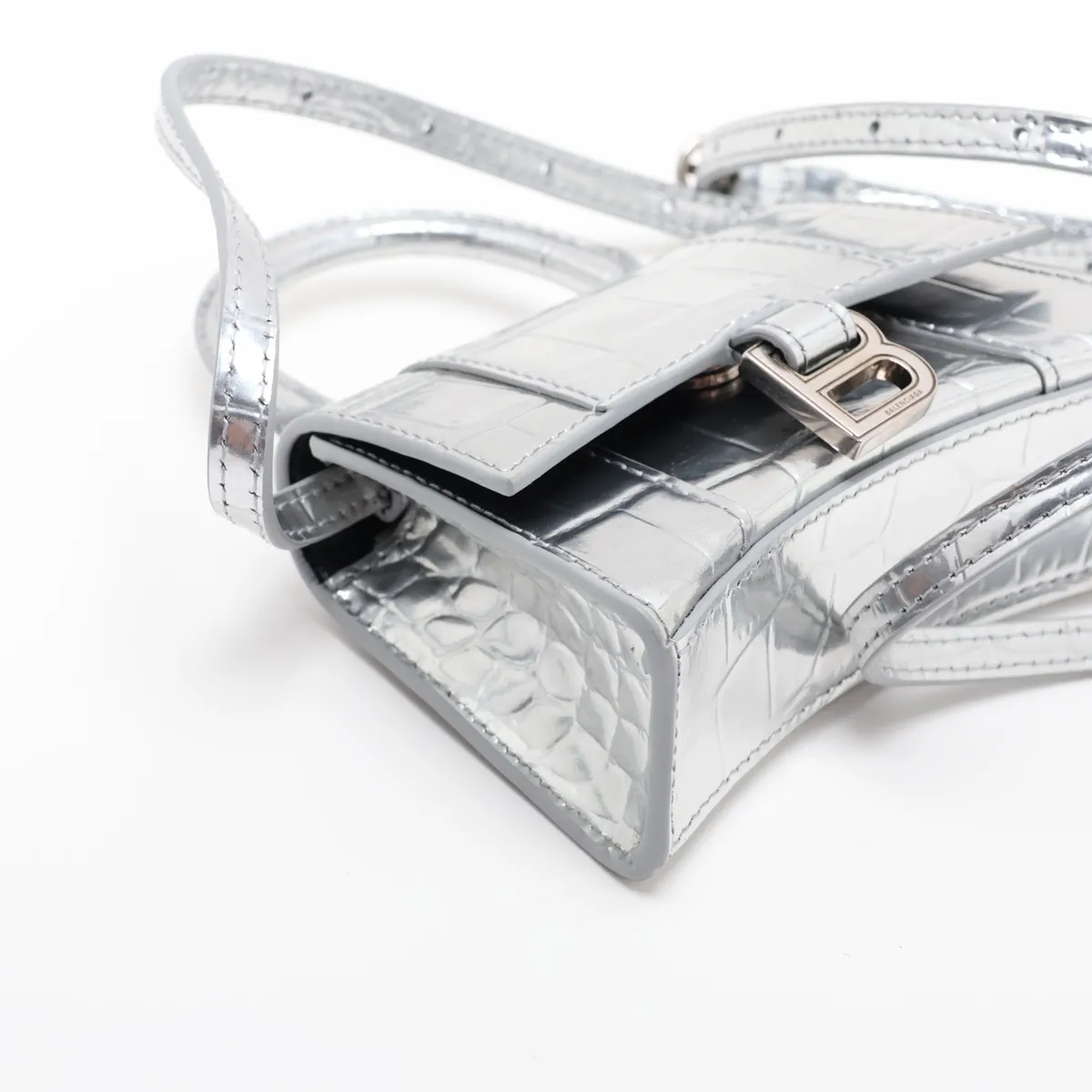Mini Hourglass Crocodile Embossed 2-Way Handbag, Silver 637372 — view 4