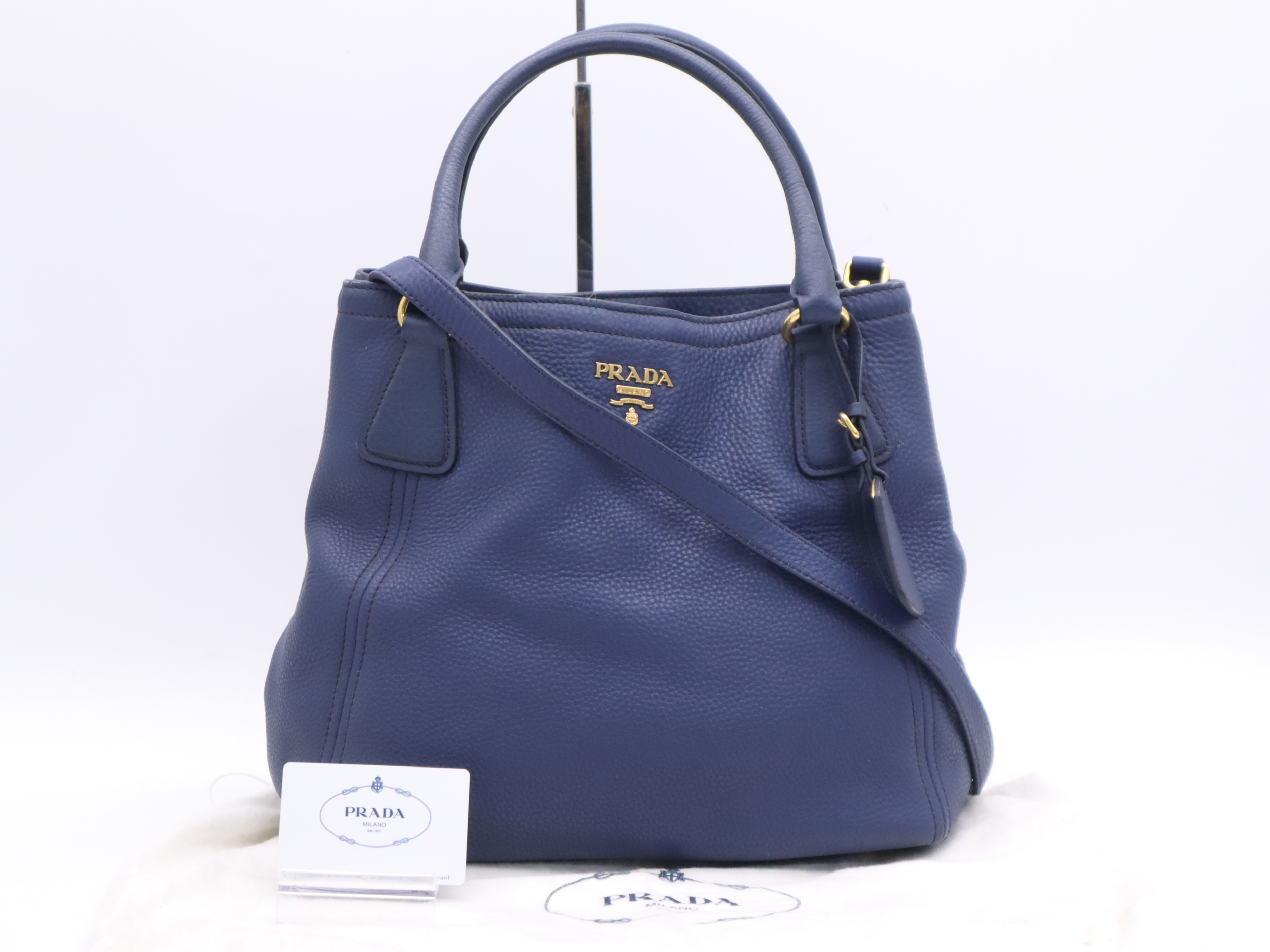 Leather Vitello Daino 2-Way Tote Bag, Blue, Gold Hardware, with Name Tag and Dust Bag, Handbag