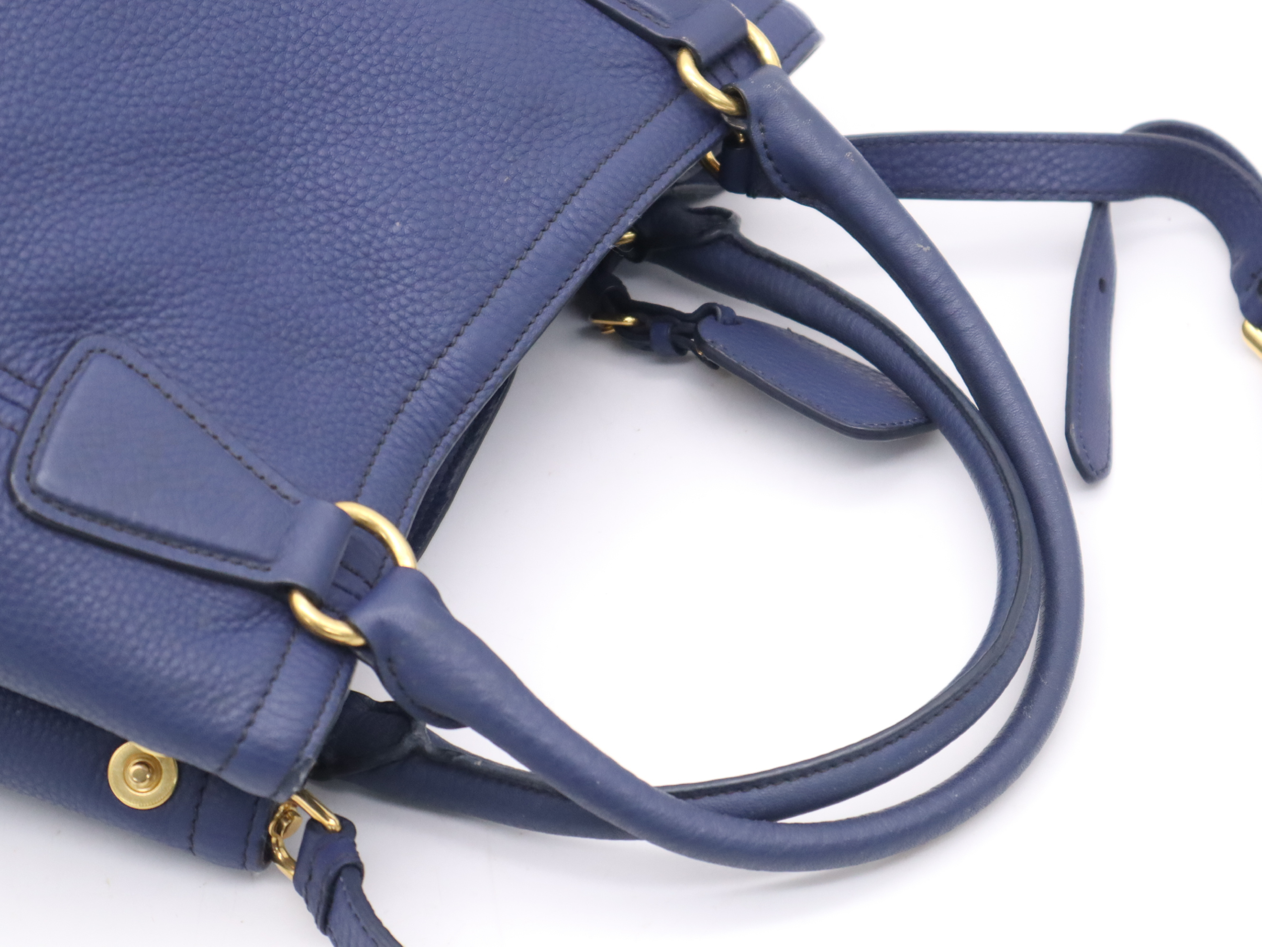 Leather Vitello Daino 2-Way Tote Bag, Blue, Gold Hardware, with Name Tag and Dust Bag, Handbag — view 6