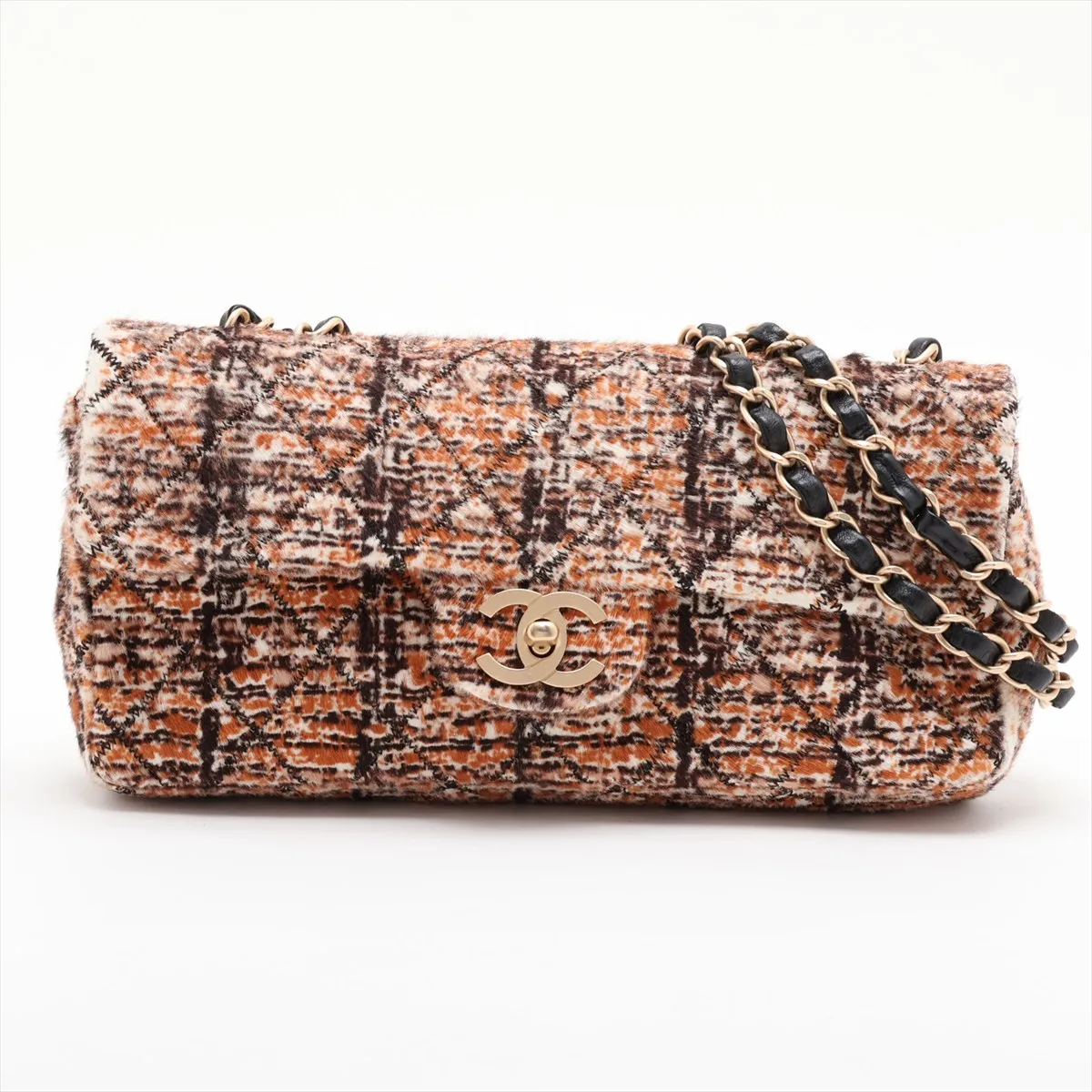 Matelassé Calf Hair x Leather Single Flap Double Chain Bag, Brown with Gold Hardware, 11624981, Series 11