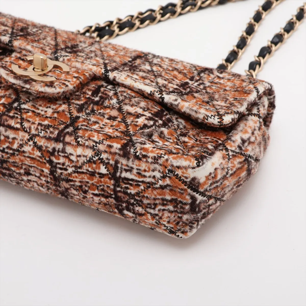 Matelassé Calf Hair x Leather Single Flap Double Chain Bag, Brown with Gold Hardware, 11624981, Series 11 — view 3