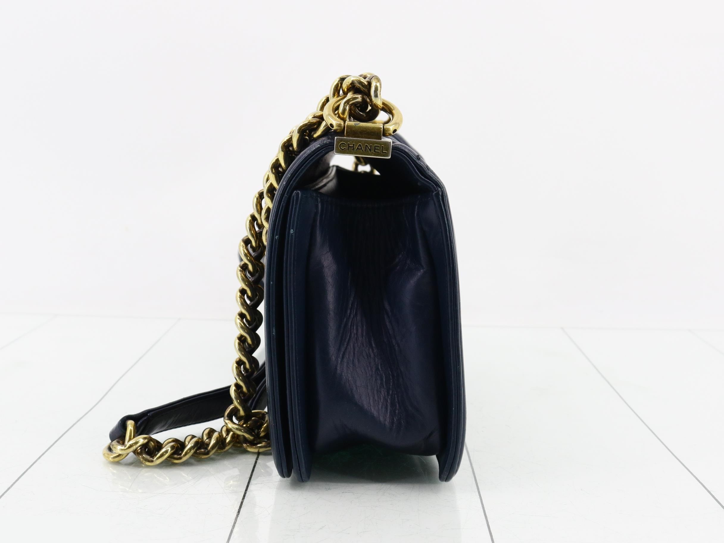 Boy Chanel Lambskin Chain Shoulder Bag, Navy — view 3
