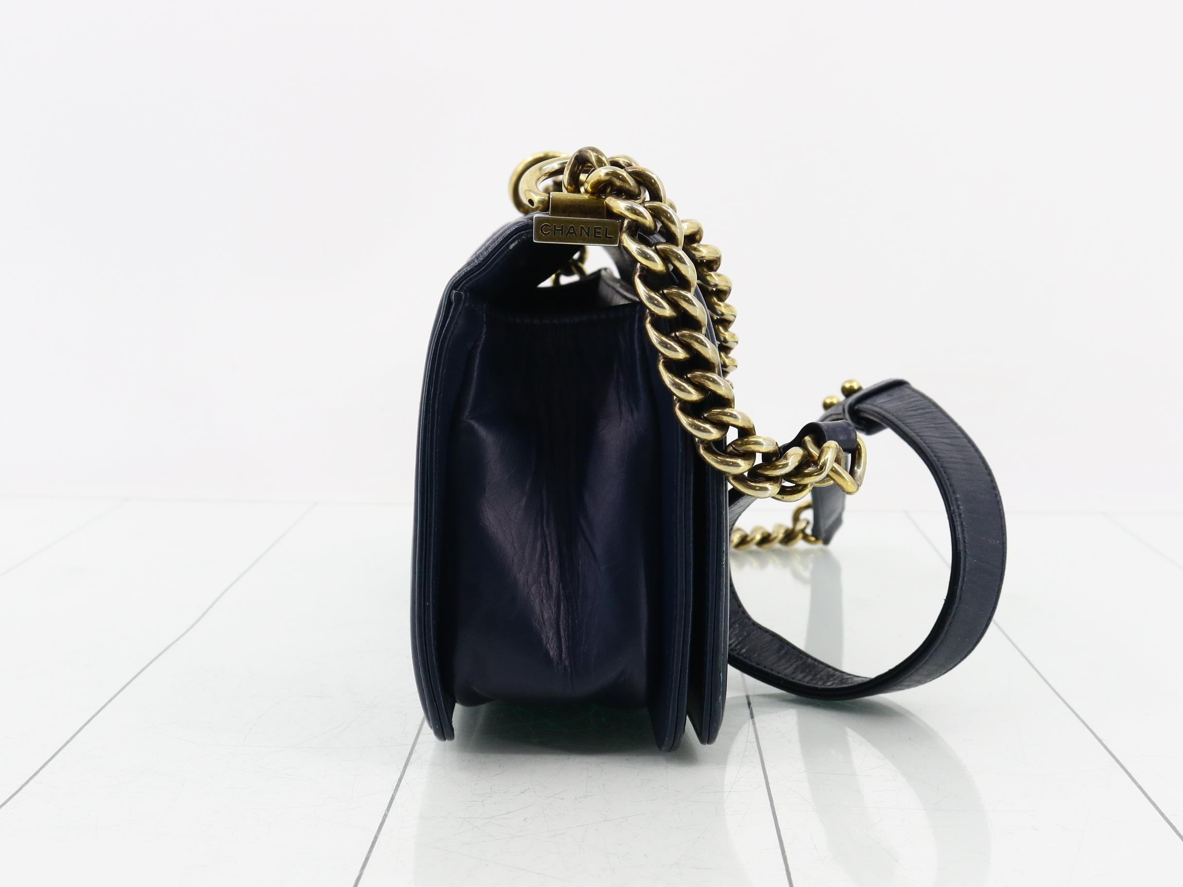 Boy Chanel Lambskin Chain Shoulder Bag, Navy — view 4