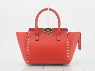 Rockstud Leather 2-Way Tote Bag, Red