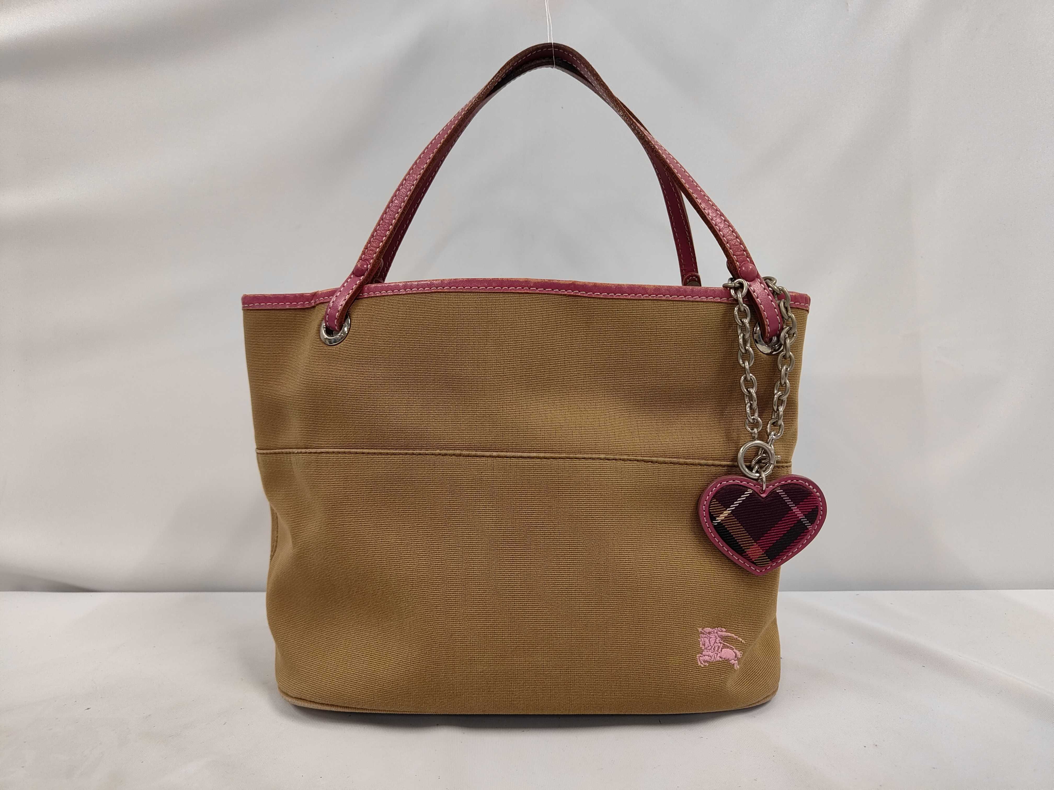 handbag with heart charm, Shadow Horse design, canvas and leather, beige and pink.