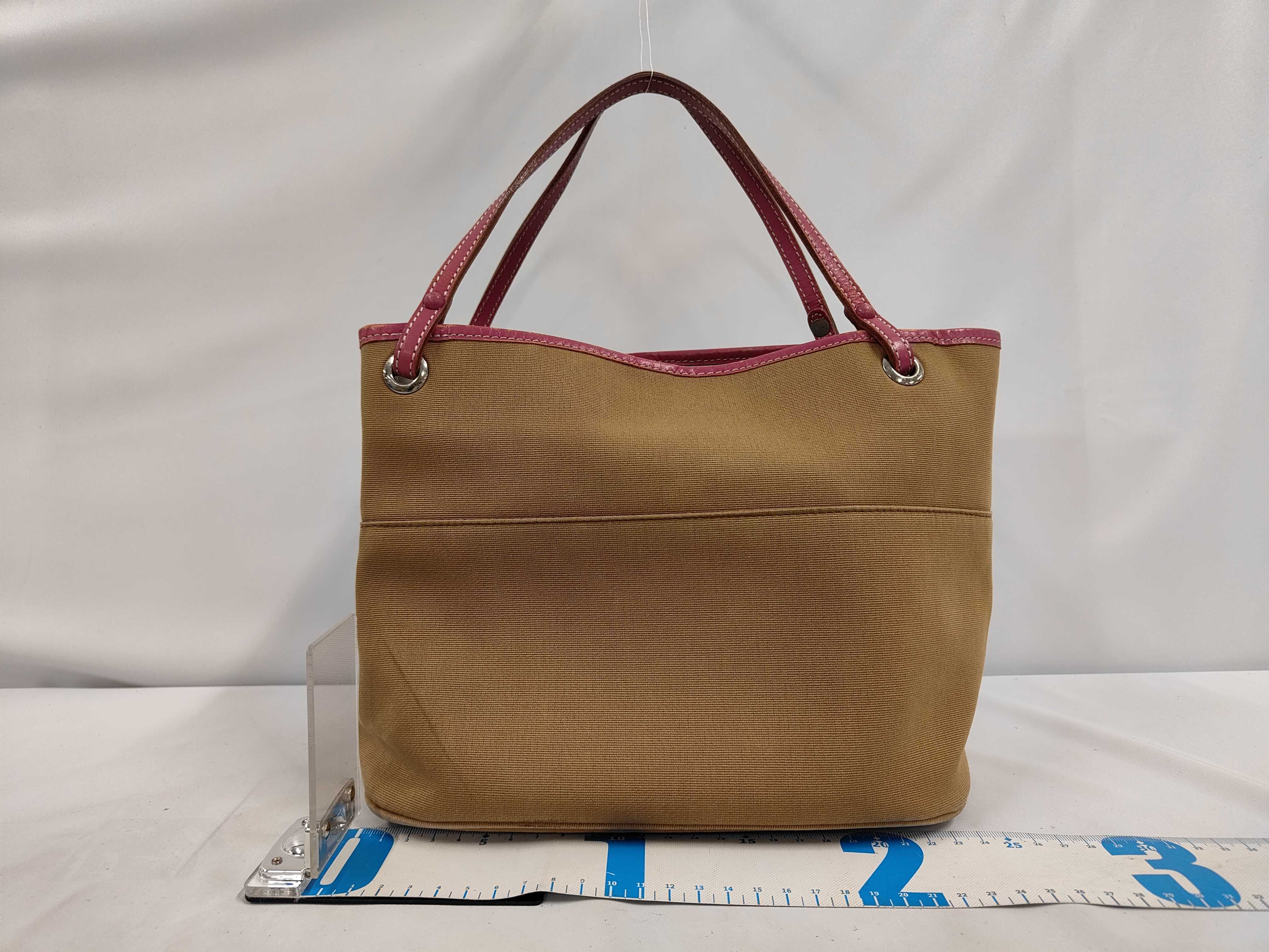 handbag with heart charm, Shadow Horse design, canvas and leather, beige and pink. — view 2