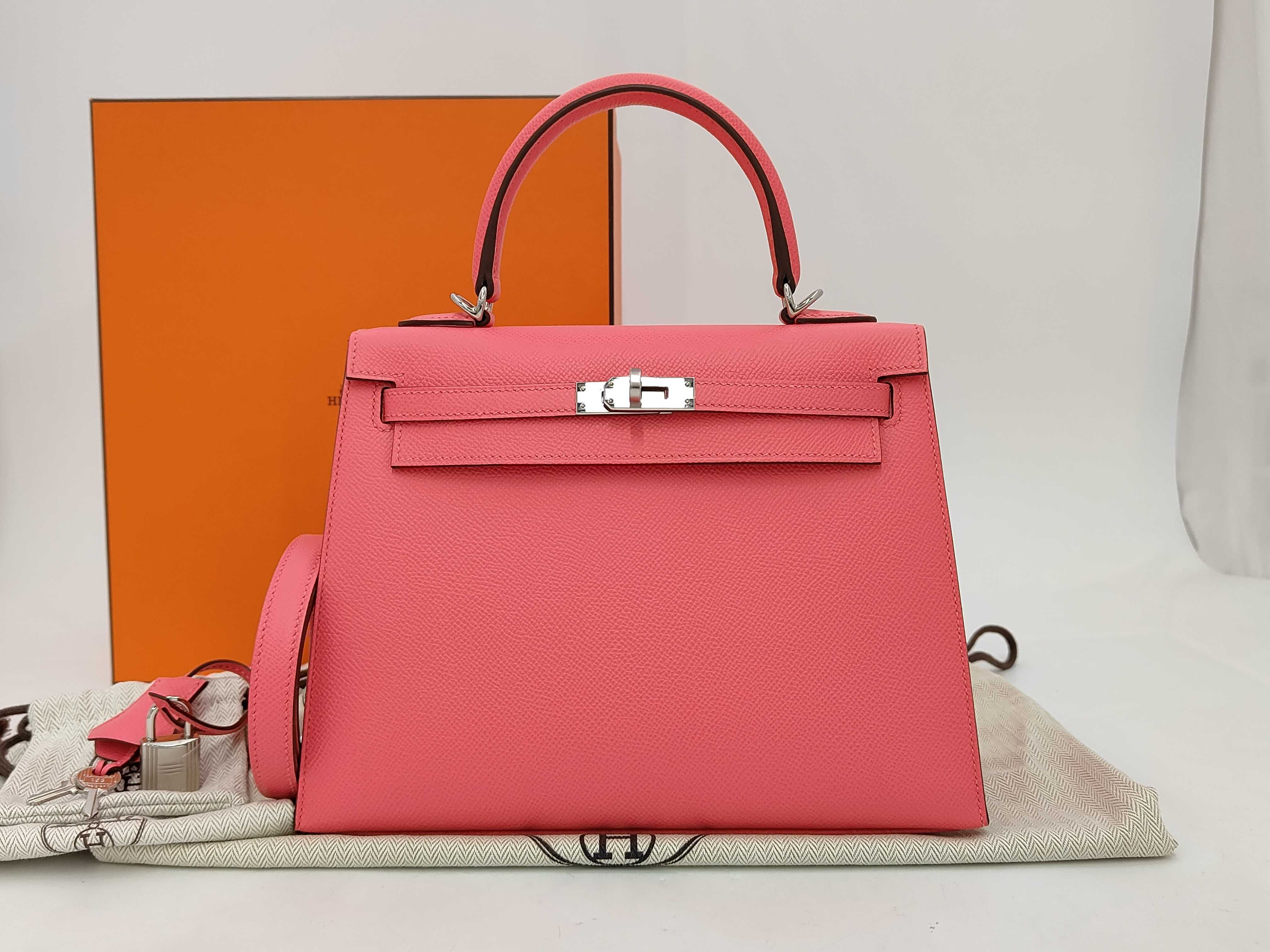 Kelly 25 Rose Azalee Epsom Leather Handbag with Silver Hardware (K Stamp)