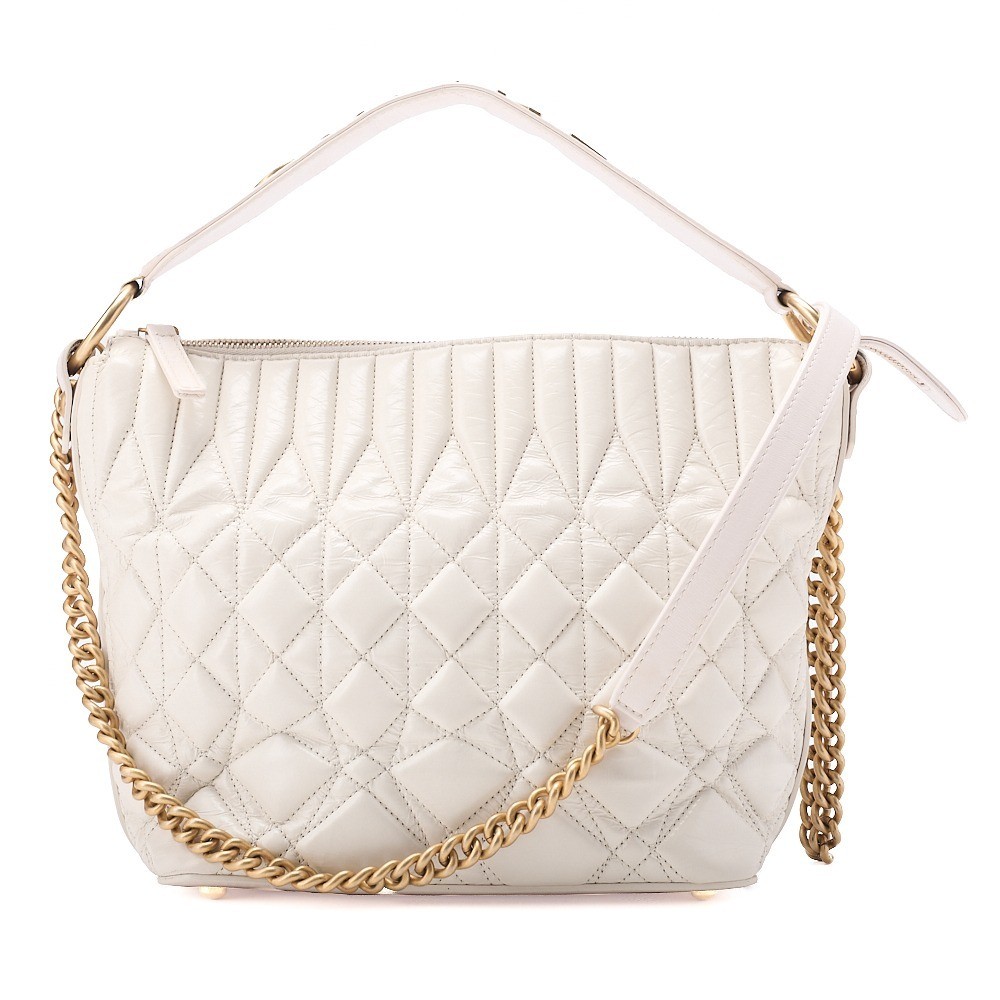 Vintage calfskin shoulder bag with logo, ivory x pink.