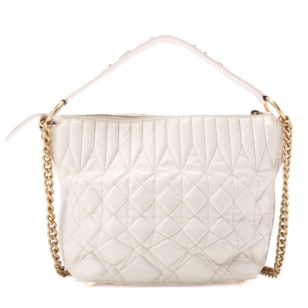 Vintage calfskin shoulder bag with logo, ivory x pink. — view 2