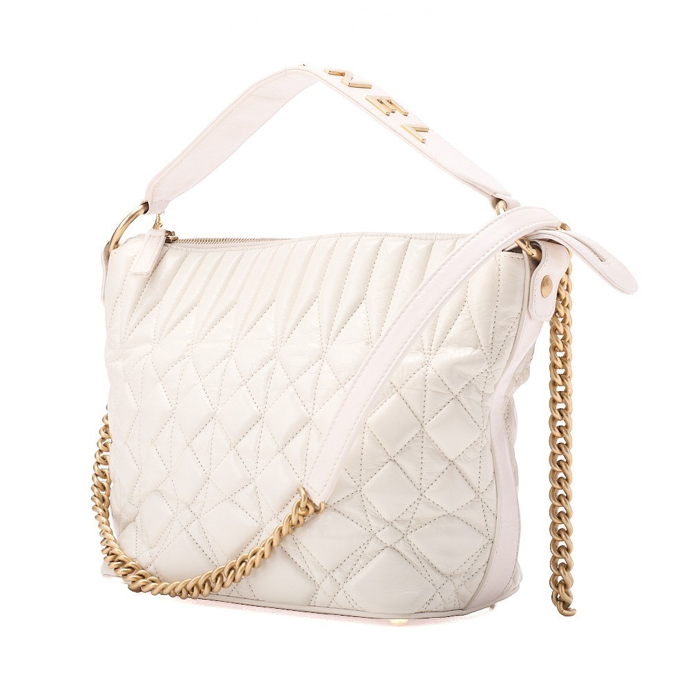 Vintage calfskin shoulder bag with logo, ivory x pink. — view 3