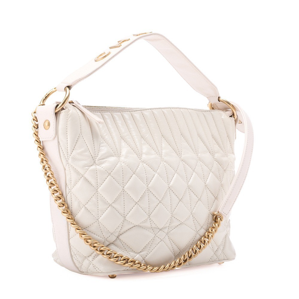 Vintage calfskin shoulder bag with logo, ivory x pink. — view 4