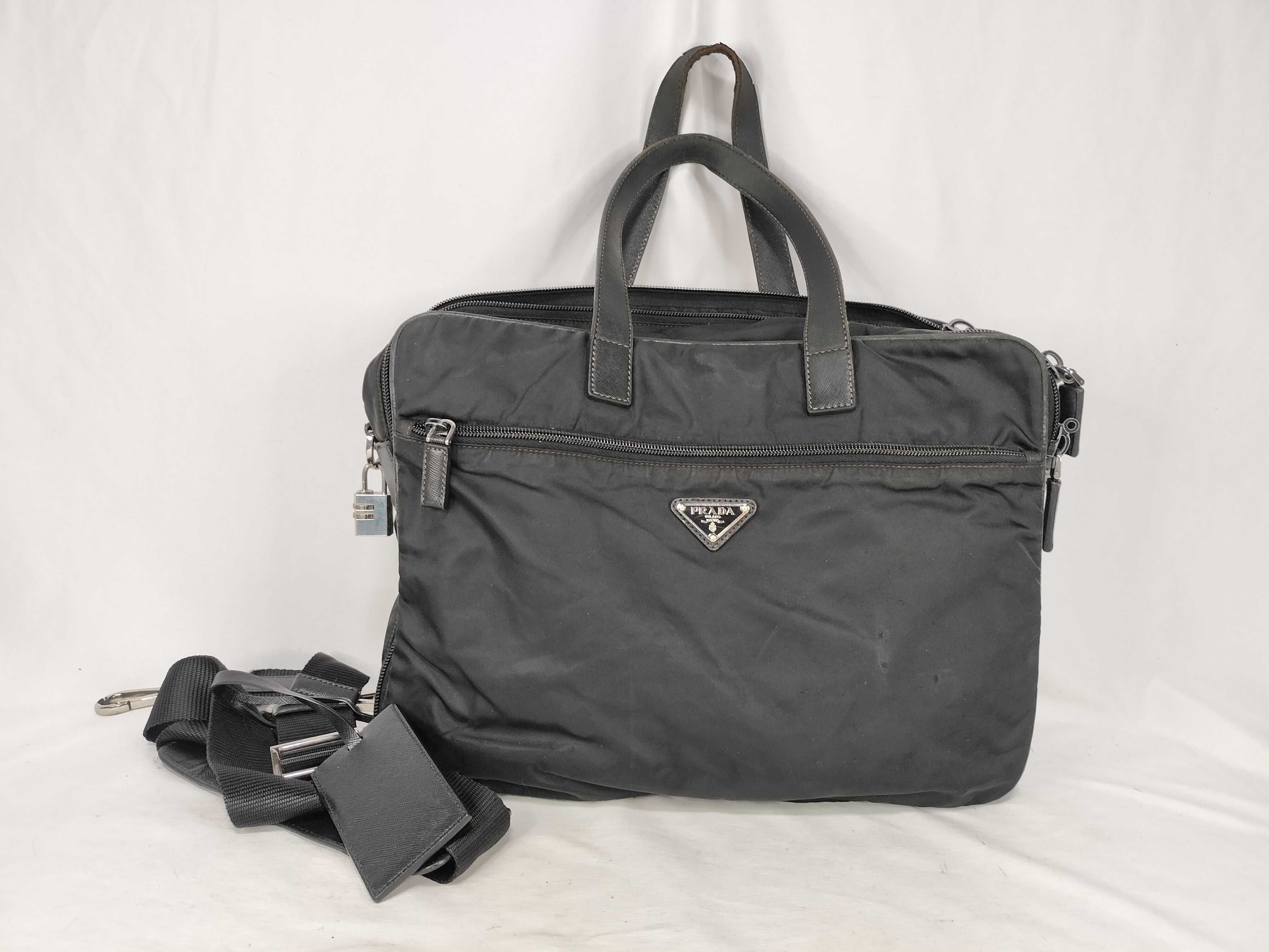 nylon business bag with Prada triangular logo, white tag, size 165, clutch bag.