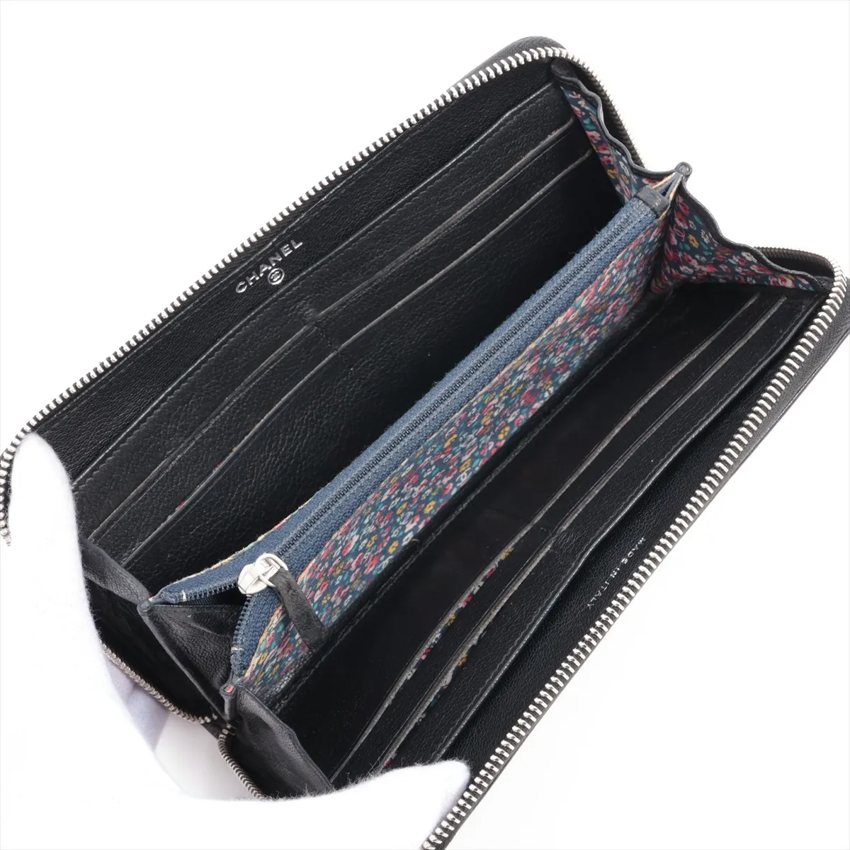 Coco Mark Leather Round Zip Wallet, Black with Silver Hardware, Floral Pattern — view 3