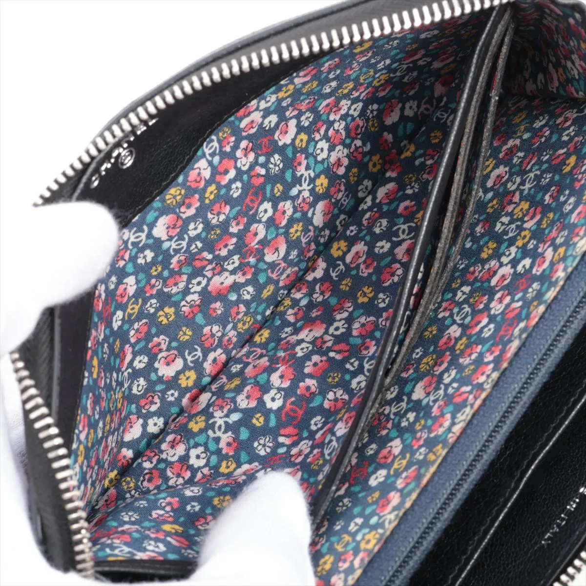 Coco Mark Leather Round Zip Wallet, Black with Silver Hardware, Floral Pattern — view 4