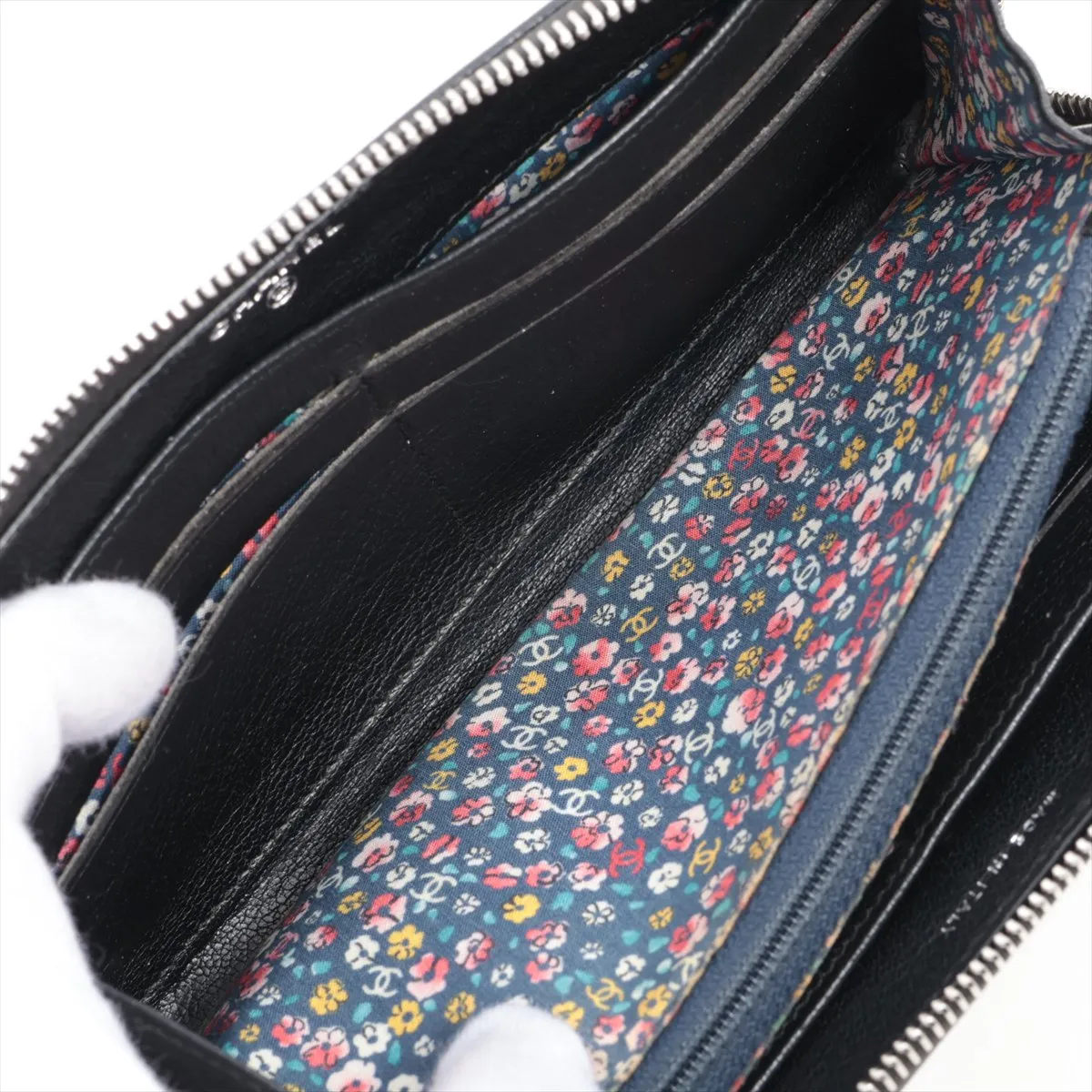 Coco Mark Leather Round Zip Wallet, Black with Silver Hardware, Floral Pattern — view 5