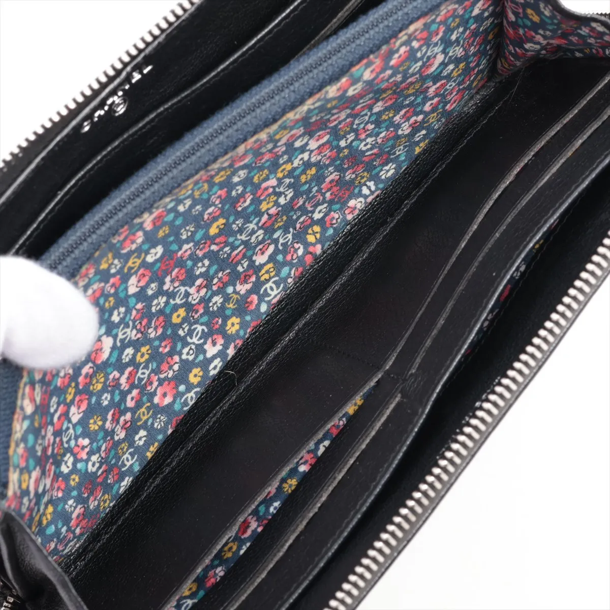 Coco Mark Leather Round Zip Wallet, Black with Silver Hardware, Floral Pattern — view 6