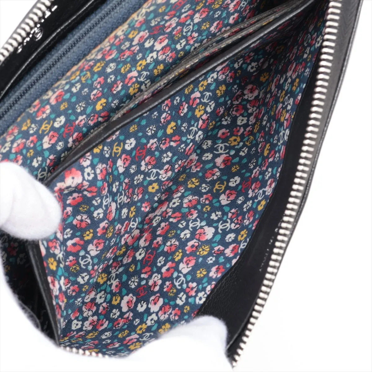 Coco Mark Leather Round Zip Wallet, Black with Silver Hardware, Floral Pattern — view 7