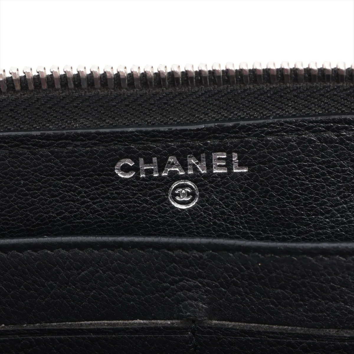 Coco Mark Leather Round Zip Wallet, Black with Silver Hardware, Floral Pattern — view 9