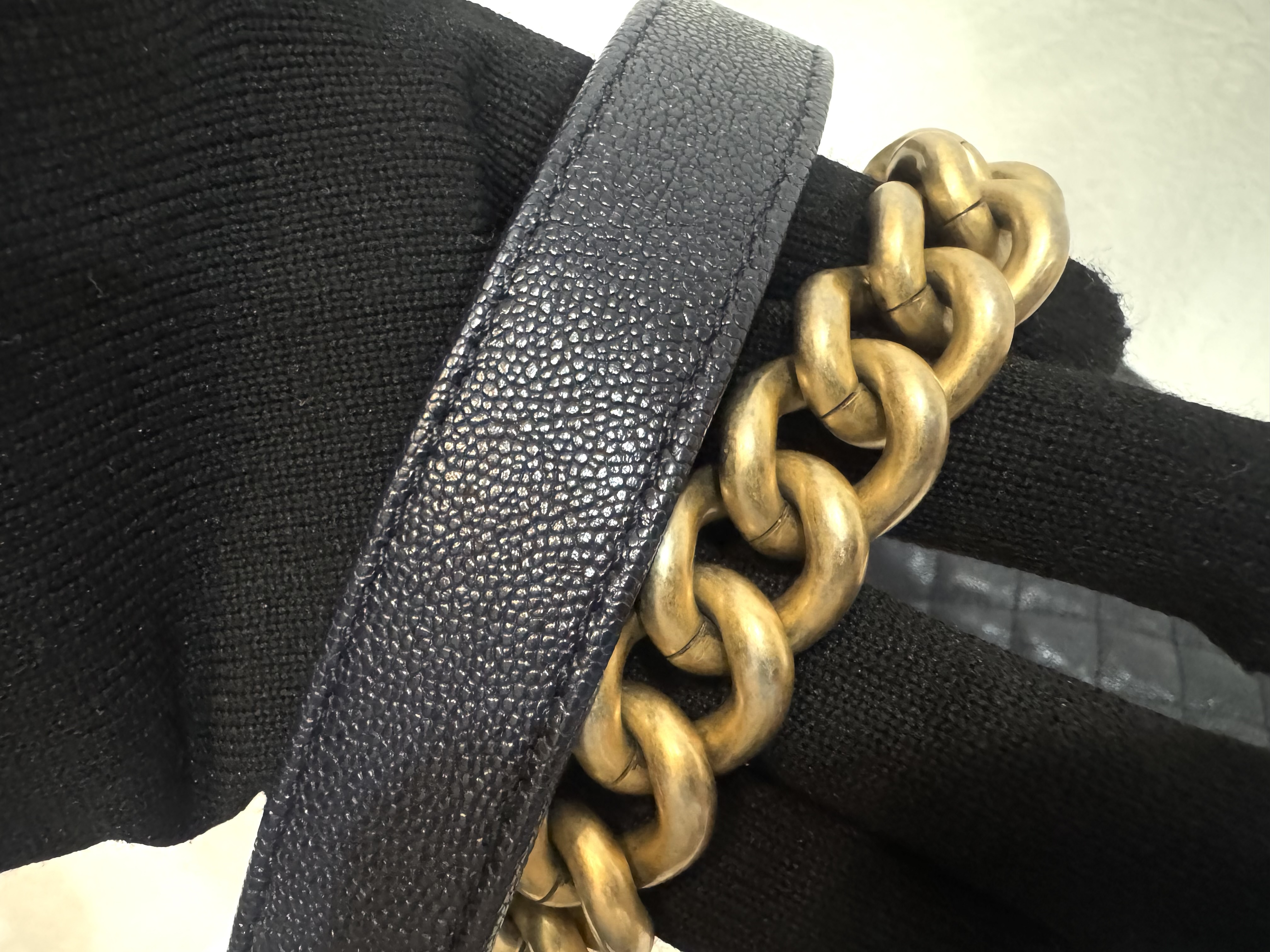 Caviar Skin Boy Chanel 25 Medium Dark Navy Vintage Gold Hardware Chain Shoulder Bag — view 11