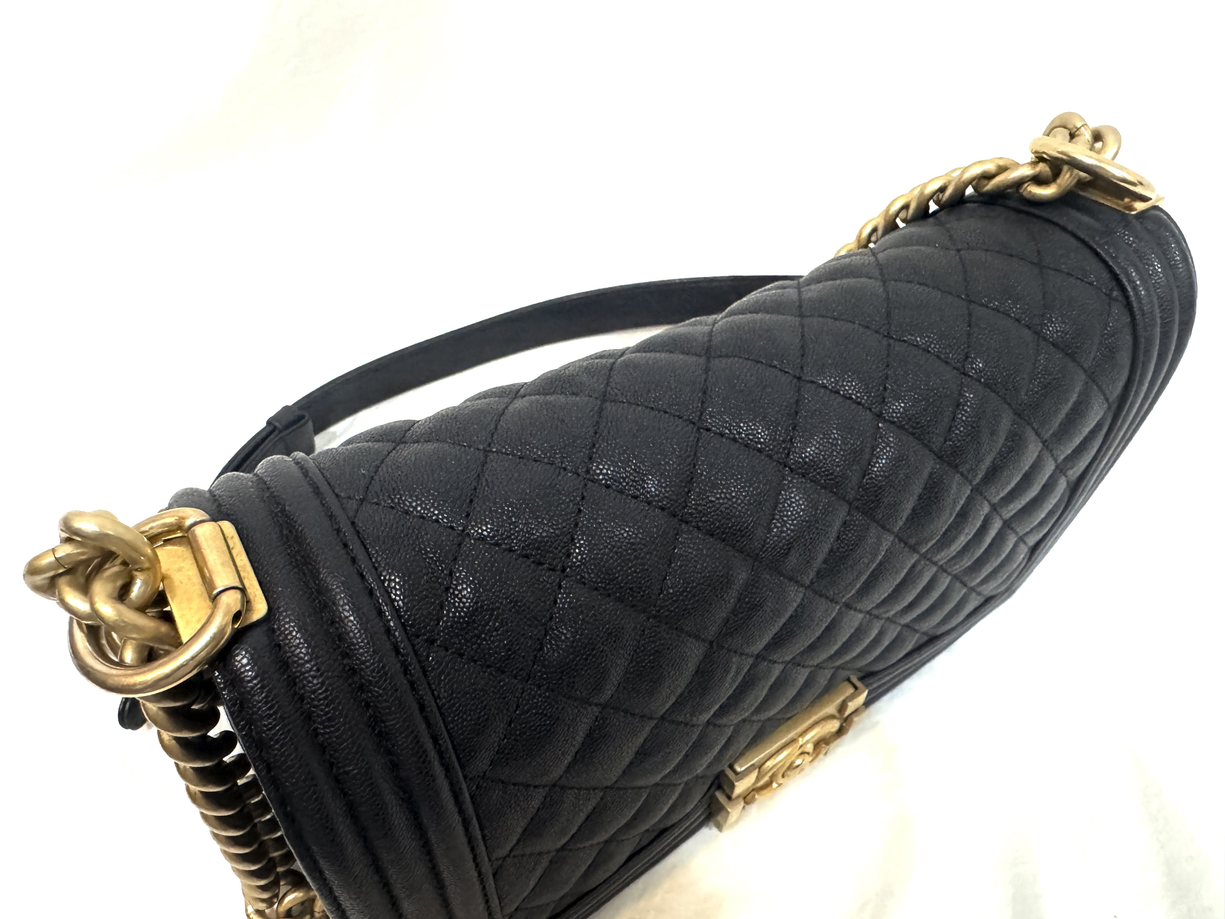 Caviar Skin Boy Chanel 25 Medium Dark Navy Vintage Gold Hardware Chain Shoulder Bag — view 7