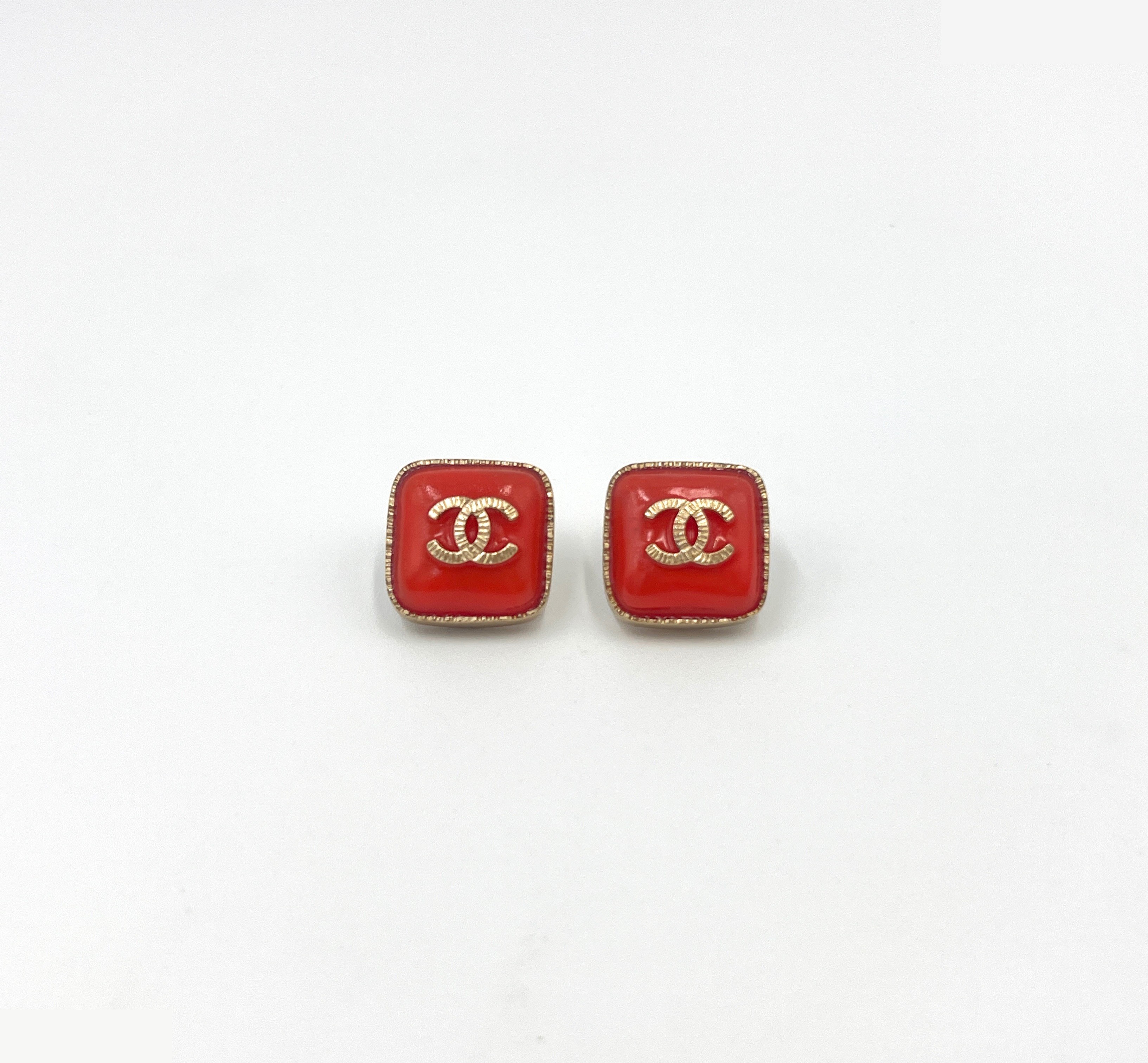 earrings, Coco Mark, square button, orange, gold