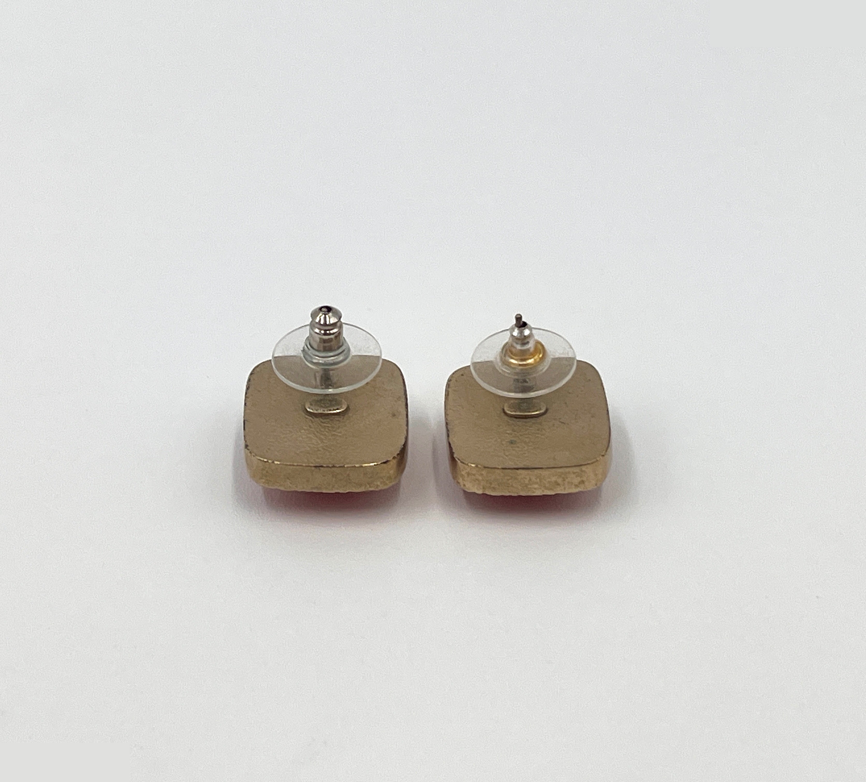 earrings, Coco Mark, square button, orange, gold — view 2