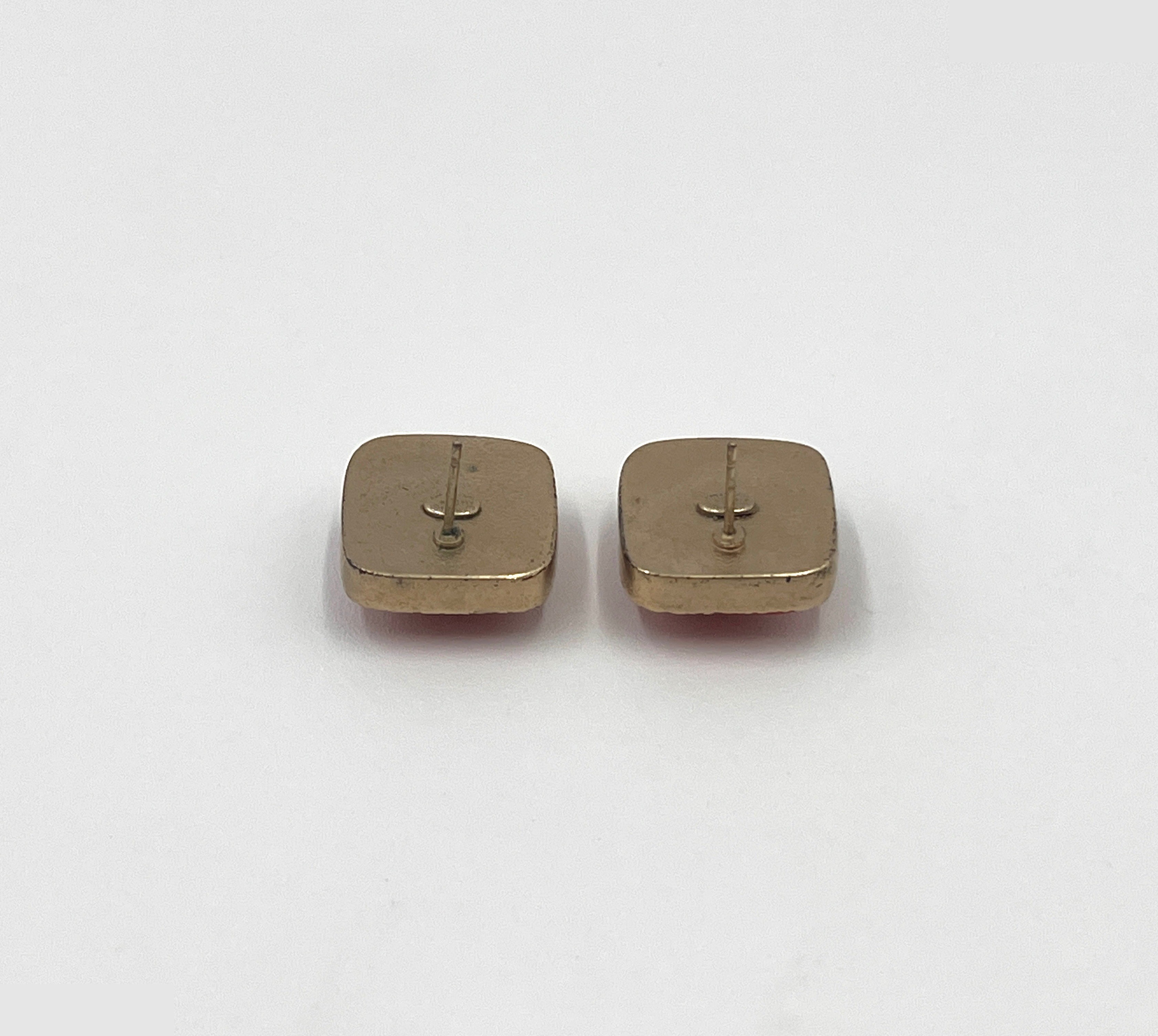 earrings, Coco Mark, square button, orange, gold — view 3