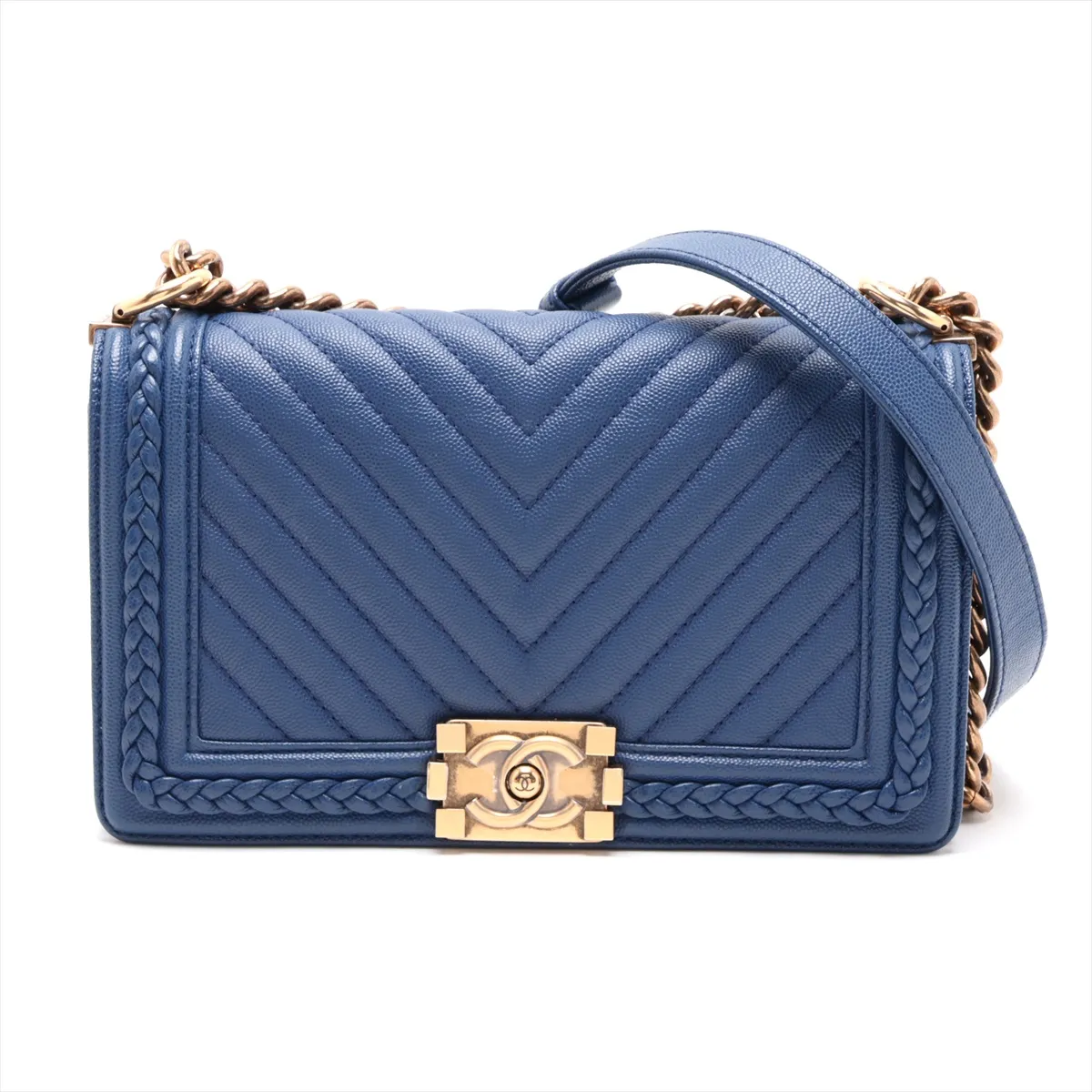 Boy Chanel 25 Caviar Skin Chain Shoulder Bag, Chevron Blue with Gold Hardware, 25121758, Serial Number 25-series, A67086