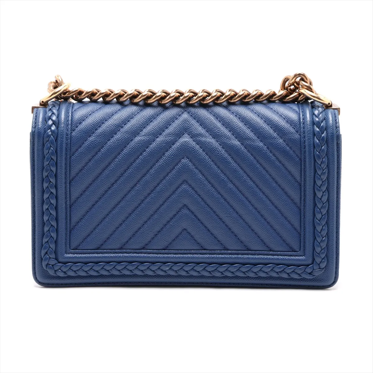 Boy Chanel 25 Caviar Skin Chain Shoulder Bag, Chevron Blue with Gold Hardware, 25121758, Serial Number 25-series, A67086 — view 2