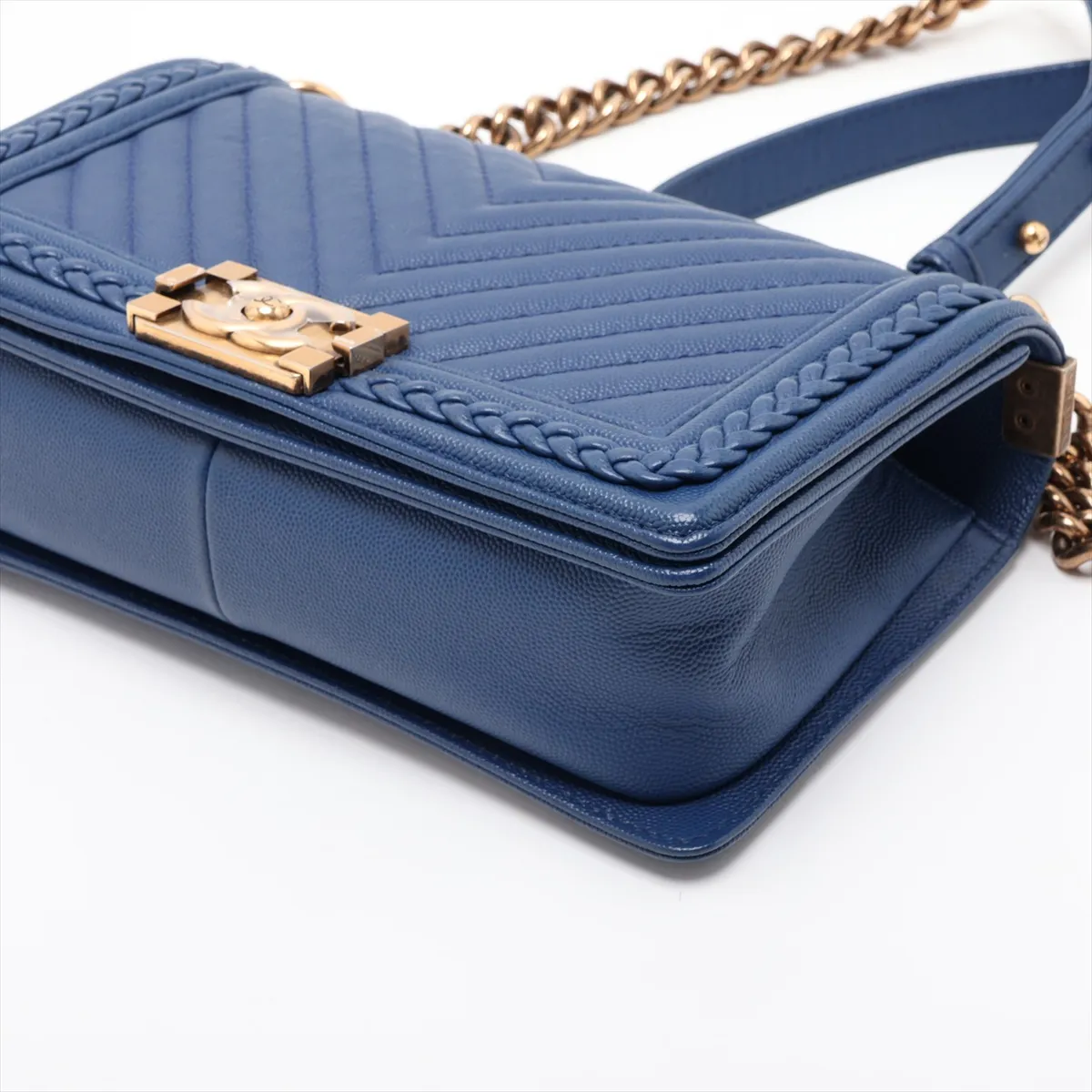 Boy Chanel 25 Caviar Skin Chain Shoulder Bag, Chevron Blue with Gold Hardware, 25121758, Serial Number 25-series, A67086 — view 3