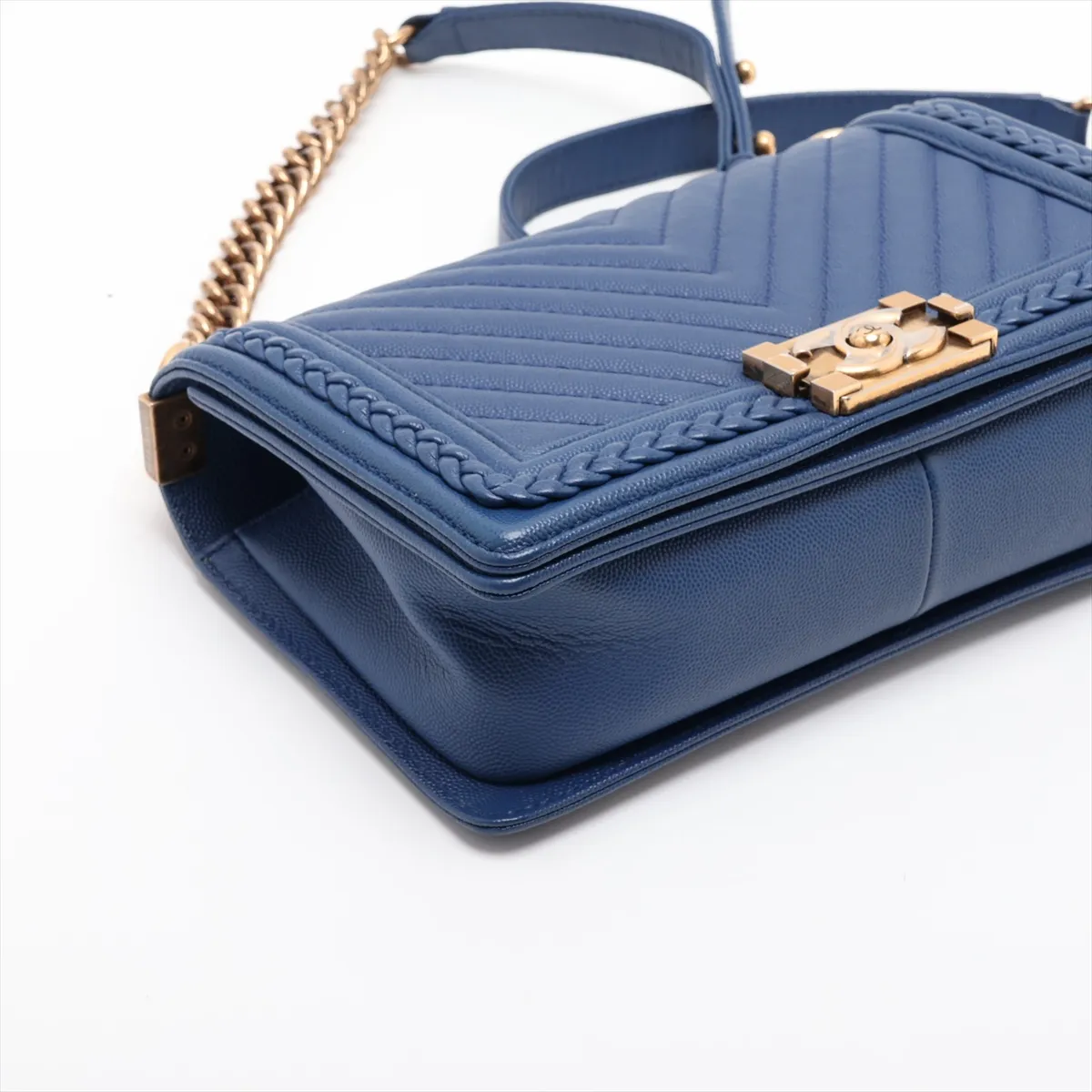 Boy Chanel 25 Caviar Skin Chain Shoulder Bag, Chevron Blue with Gold Hardware, 25121758, Serial Number 25-series, A67086 — view 4