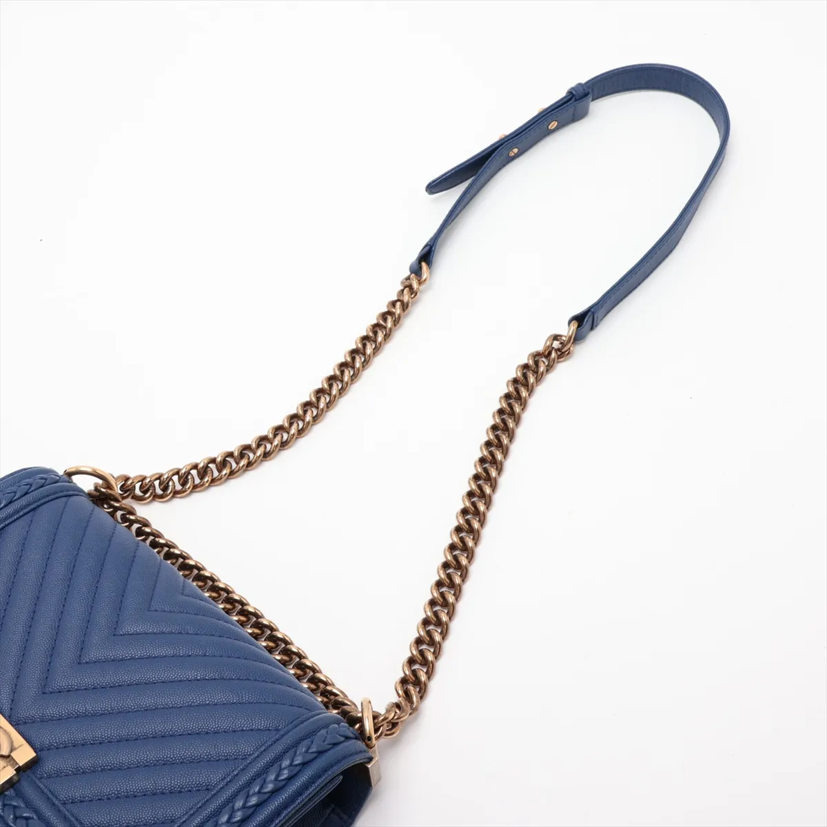 Boy Chanel 25 Caviar Skin Chain Shoulder Bag, Chevron Blue with Gold Hardware, 25121758, Serial Number 25-series, A67086 — view 5